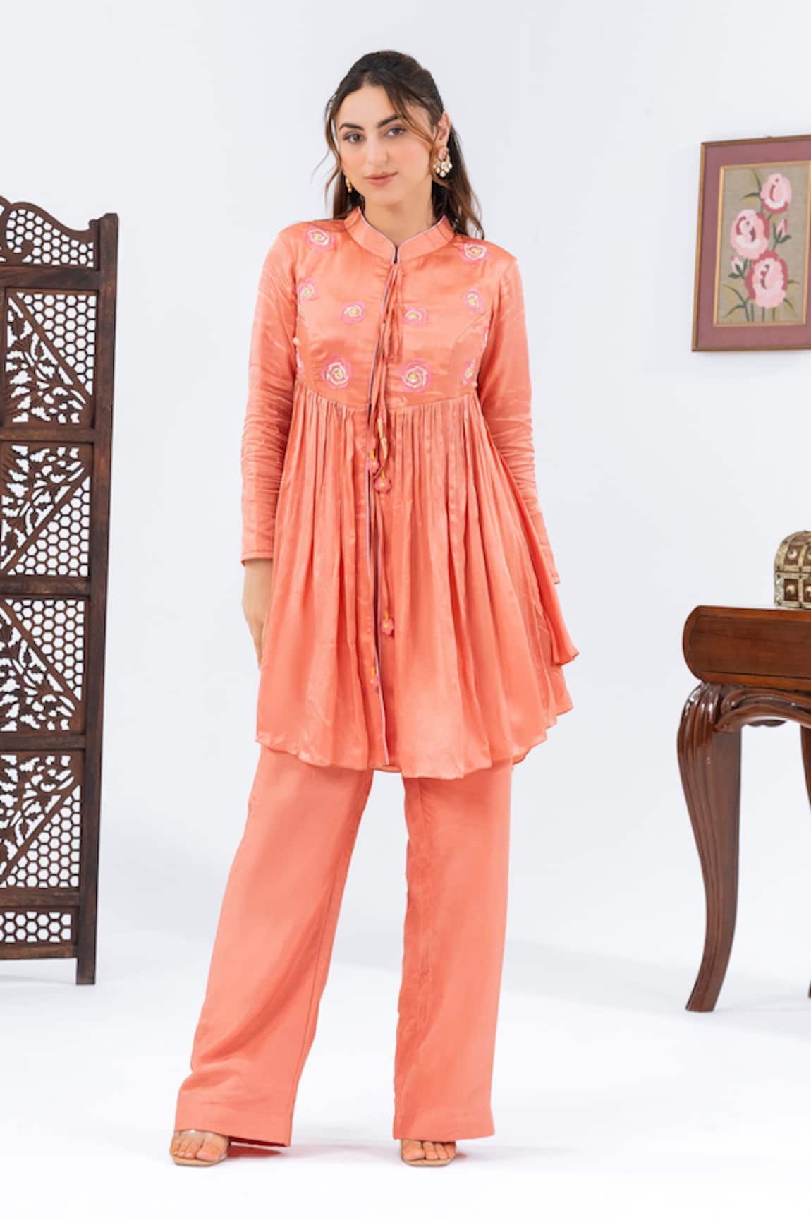 Leela By A Embroidered Yoke Flared Top With Pant 