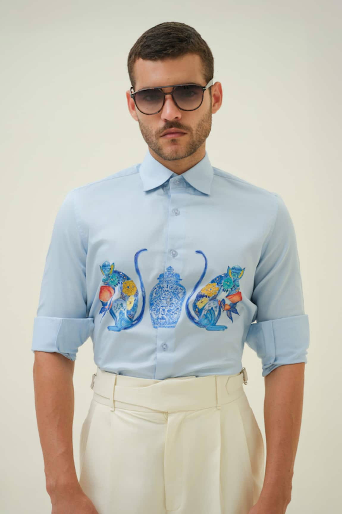 Amrit Dawani Monkeys & Jar Blue Hand Painted Shirt 