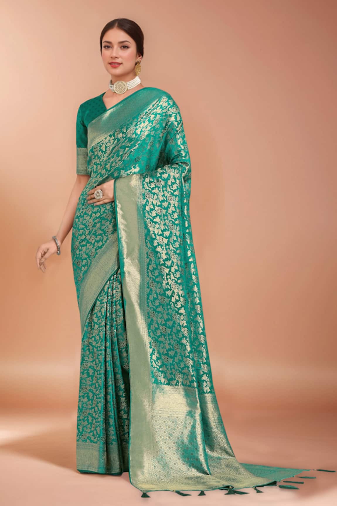 Samyukta Singhania Zari Woven Turquoise Banarasi Silk Saree With Blouse 