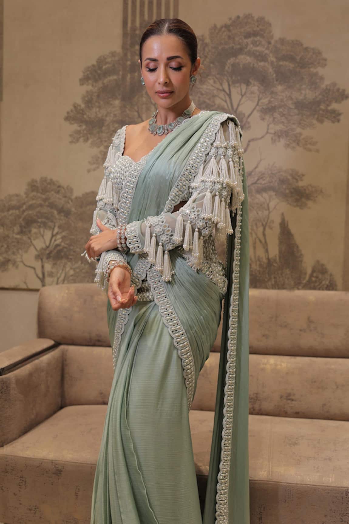 Vvani By Vani Vats Pre-Draped Saree With Chandelier Pearl Drop Blouse 