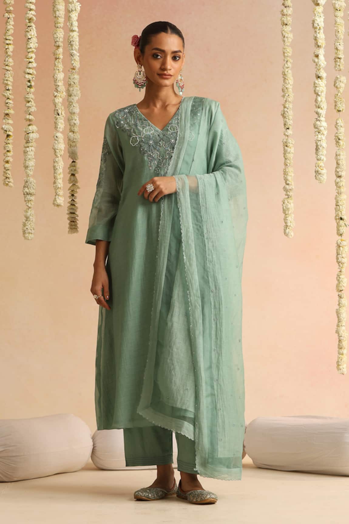 Beige Floral Embroidered Kurta Set 