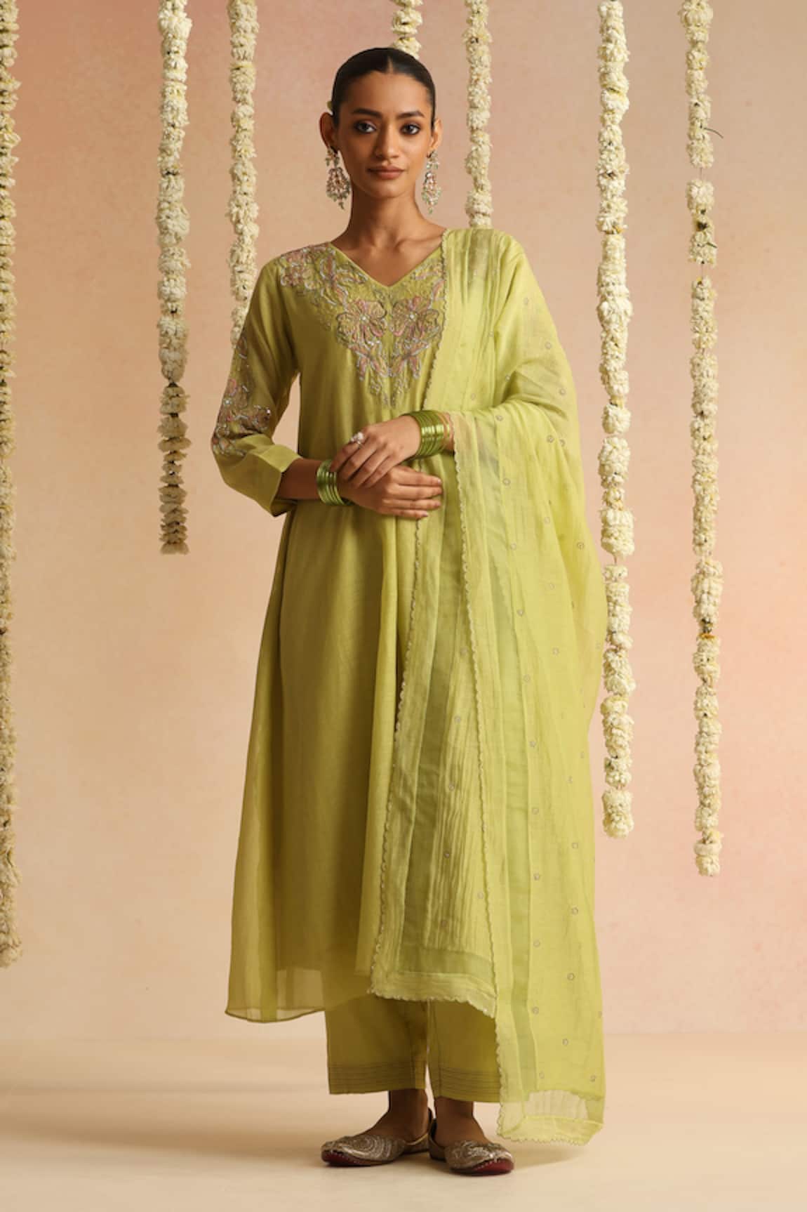 Beige Thread Embroidered Kurta Set 