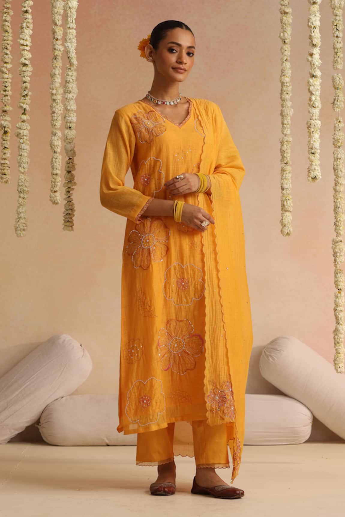 Beige Sequin Embroidered Kurta Set 