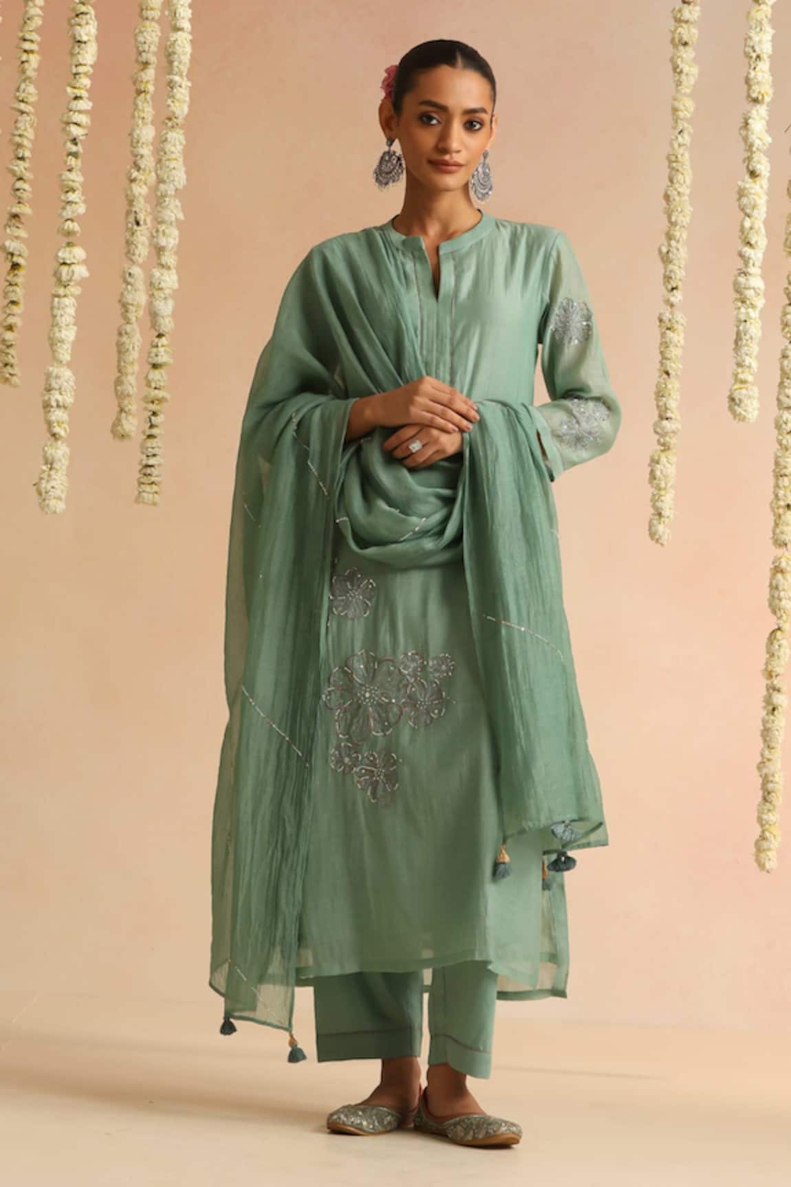 Beige Flower Embroidered Kurta Set 