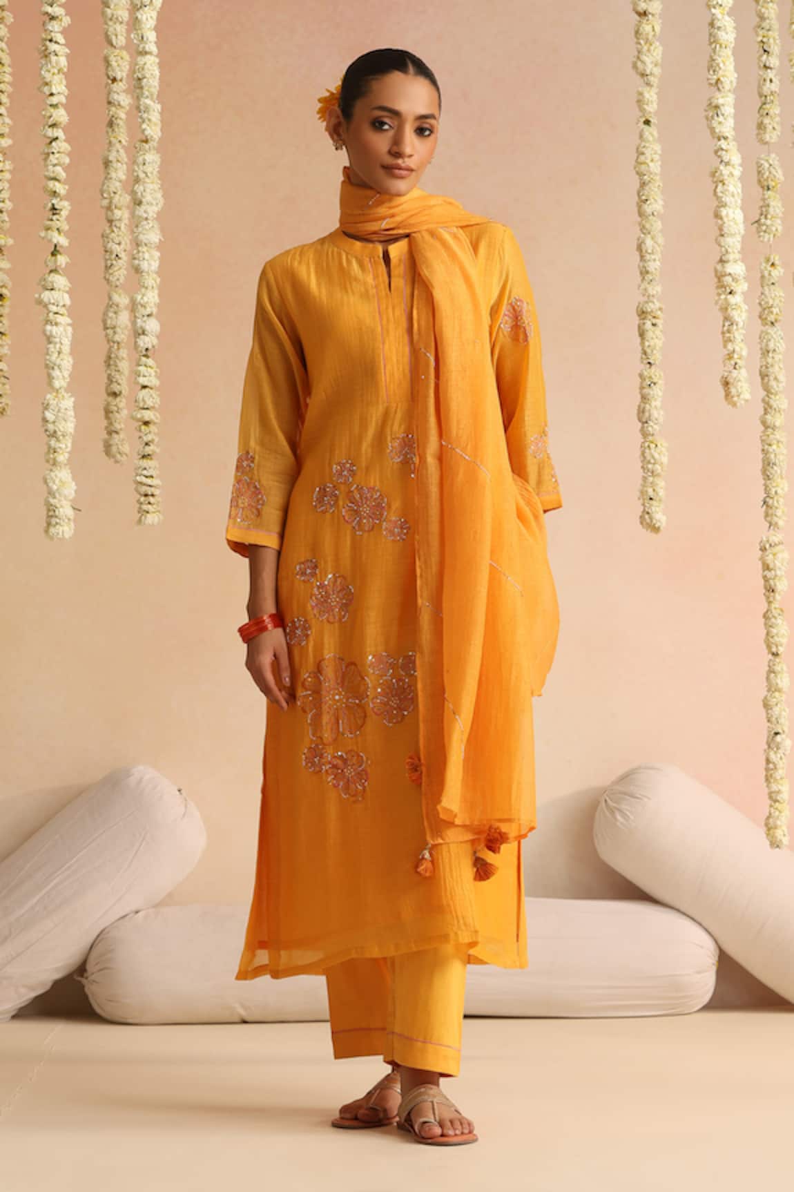 Beige Flower Embroidered Kurta Pant Set 