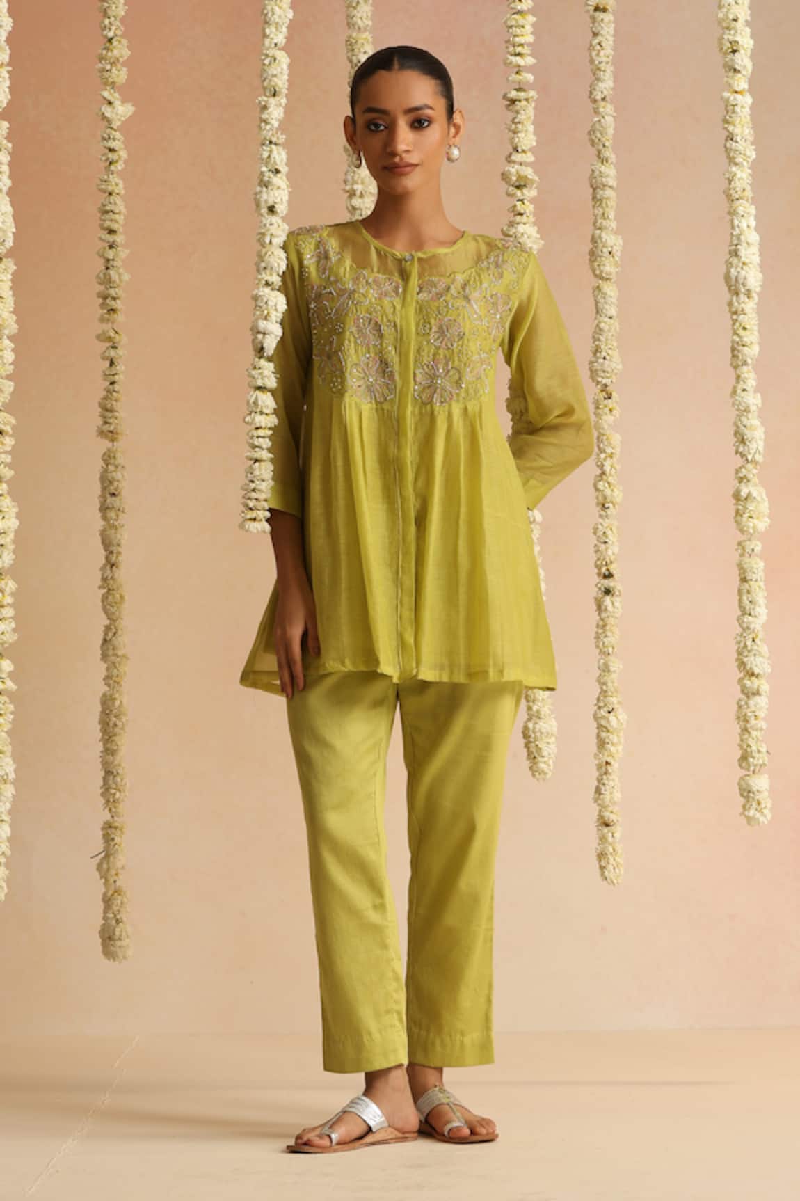 Beige Floral Embroidered Top & Pant Set 