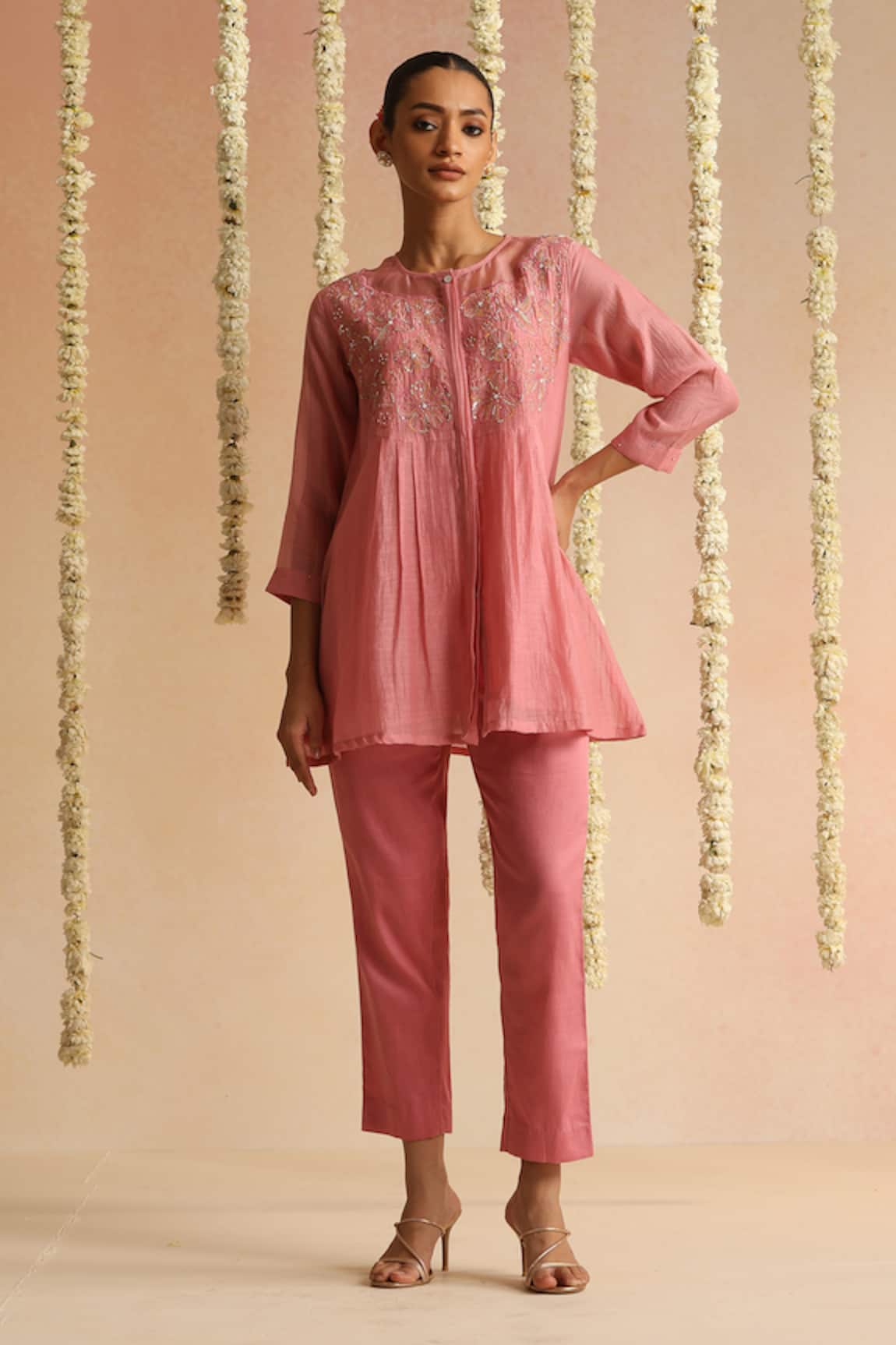 Beige Floral Embroidered Top With Pant 