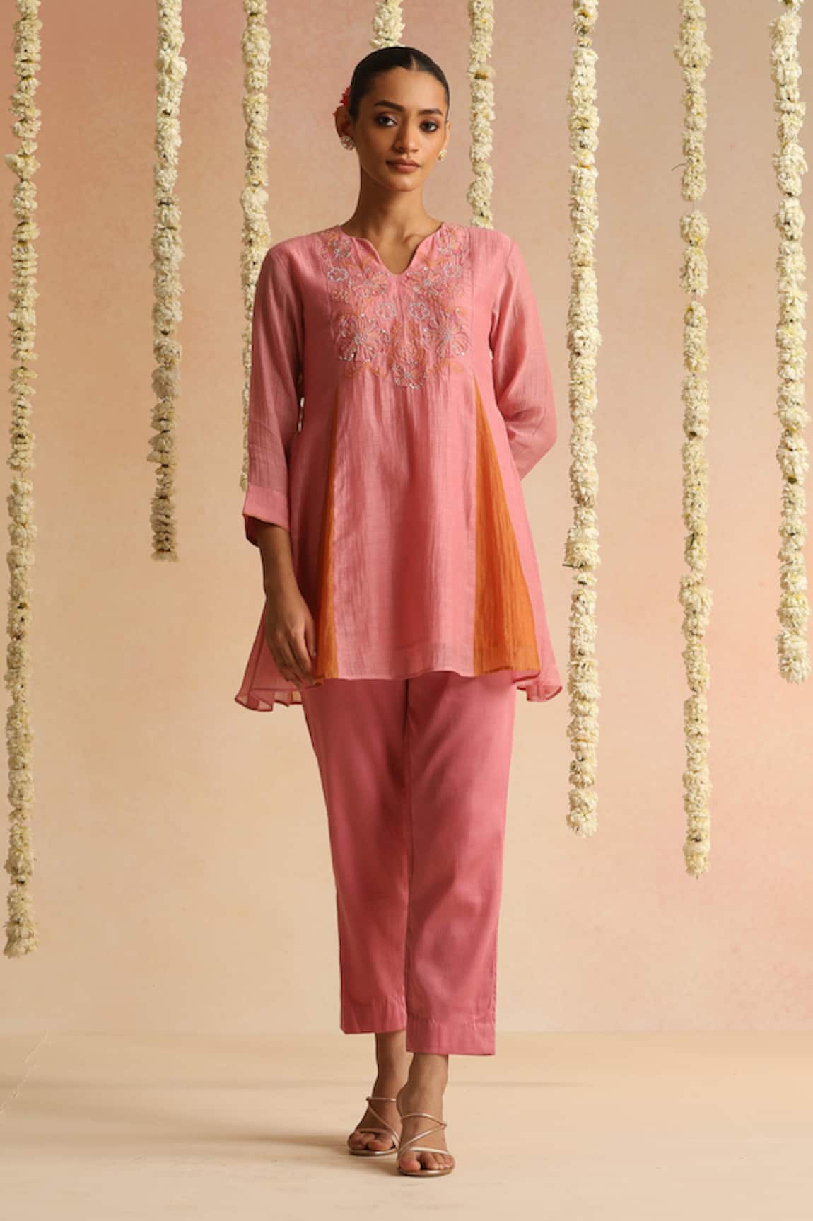 Beige Neckline Embroidered Top With Pant 