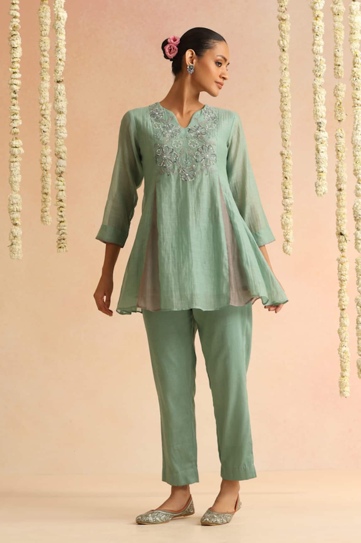Beige Placement Embroidered Top With Pant 