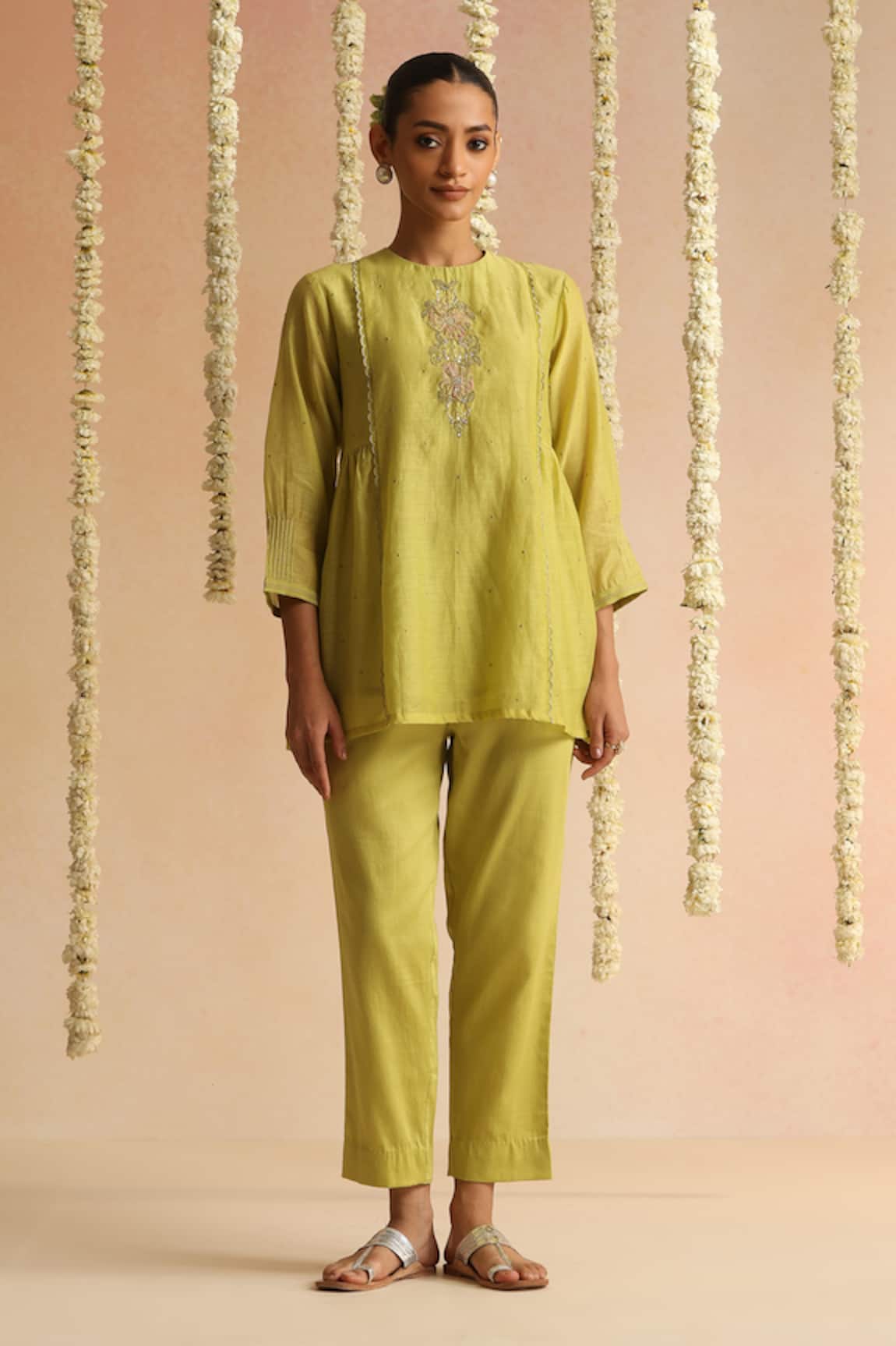 Beige Placket Embroidered Top With Pant 