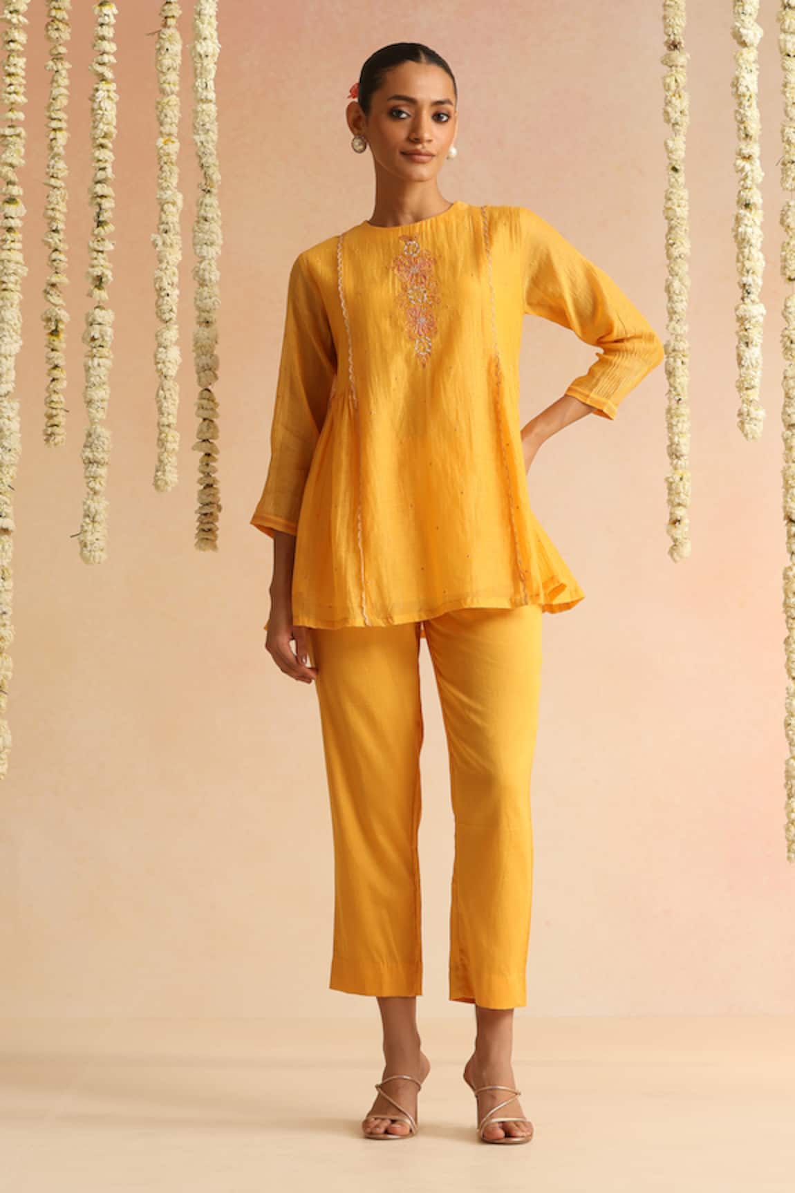 Beige Sequin Embroidered Top & Pant Set 