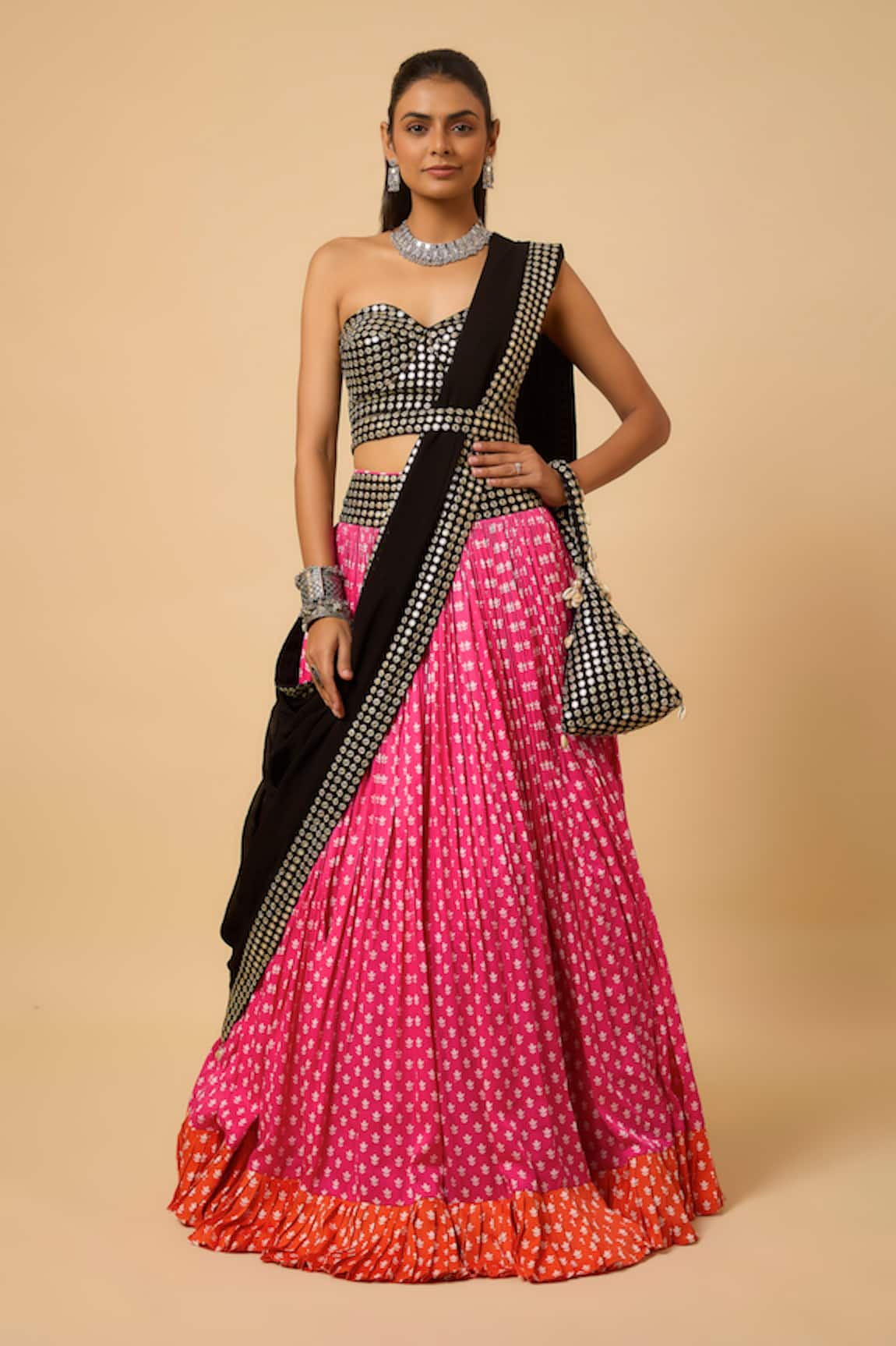 Monk & Mei By Sonia Anand Urvashi Floral Print Lehenga Set With Potli 