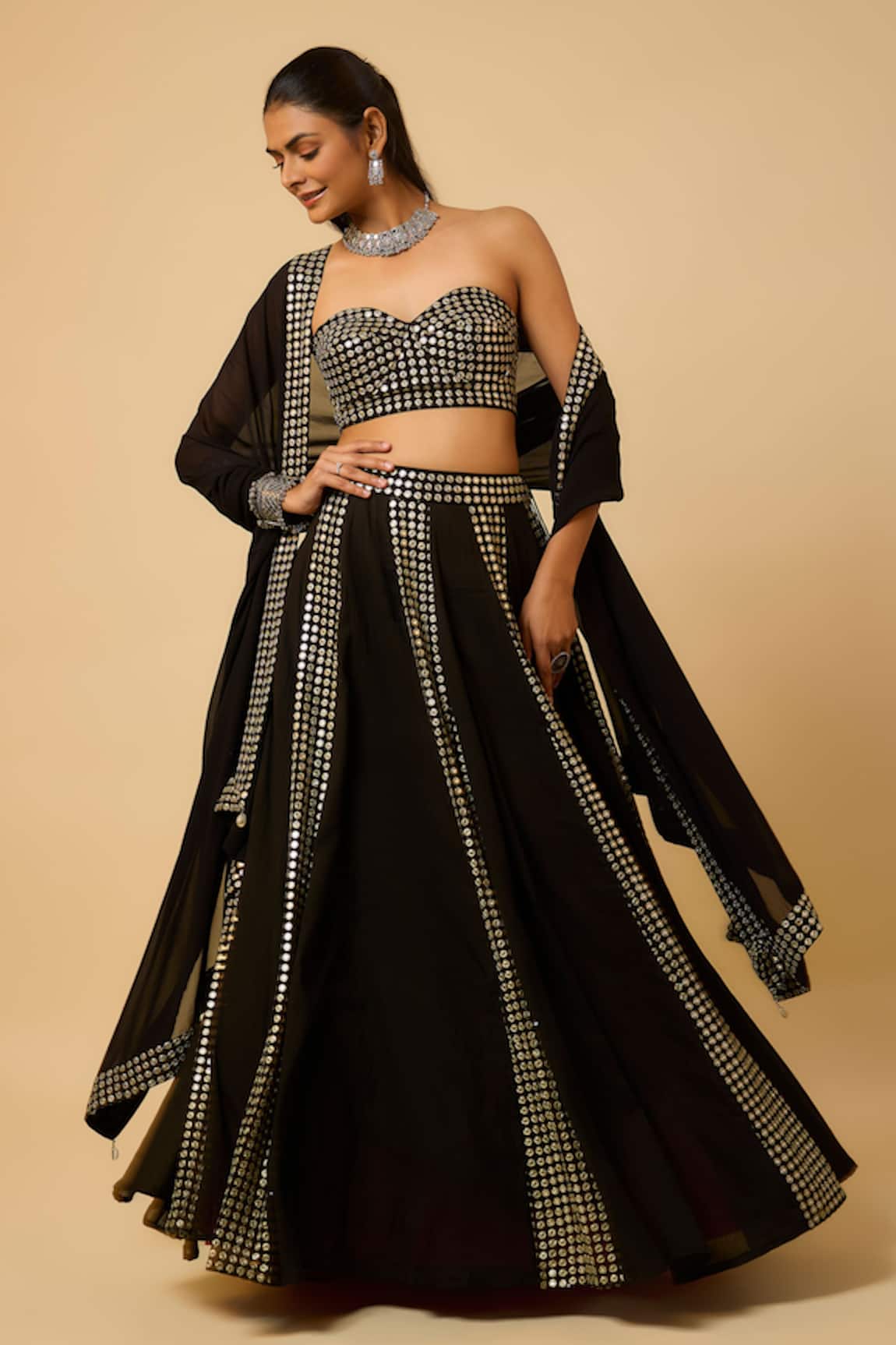 Monk & Mei By Sonia Anand Shree Mirror Work Lehenga Set 