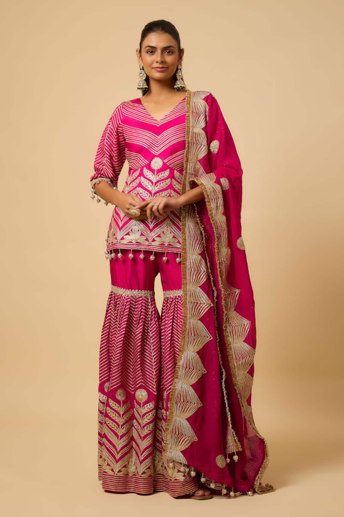 Monk & Mei By Sonia Anand Rani Chevron Embroidered Kurta Sharara Set 