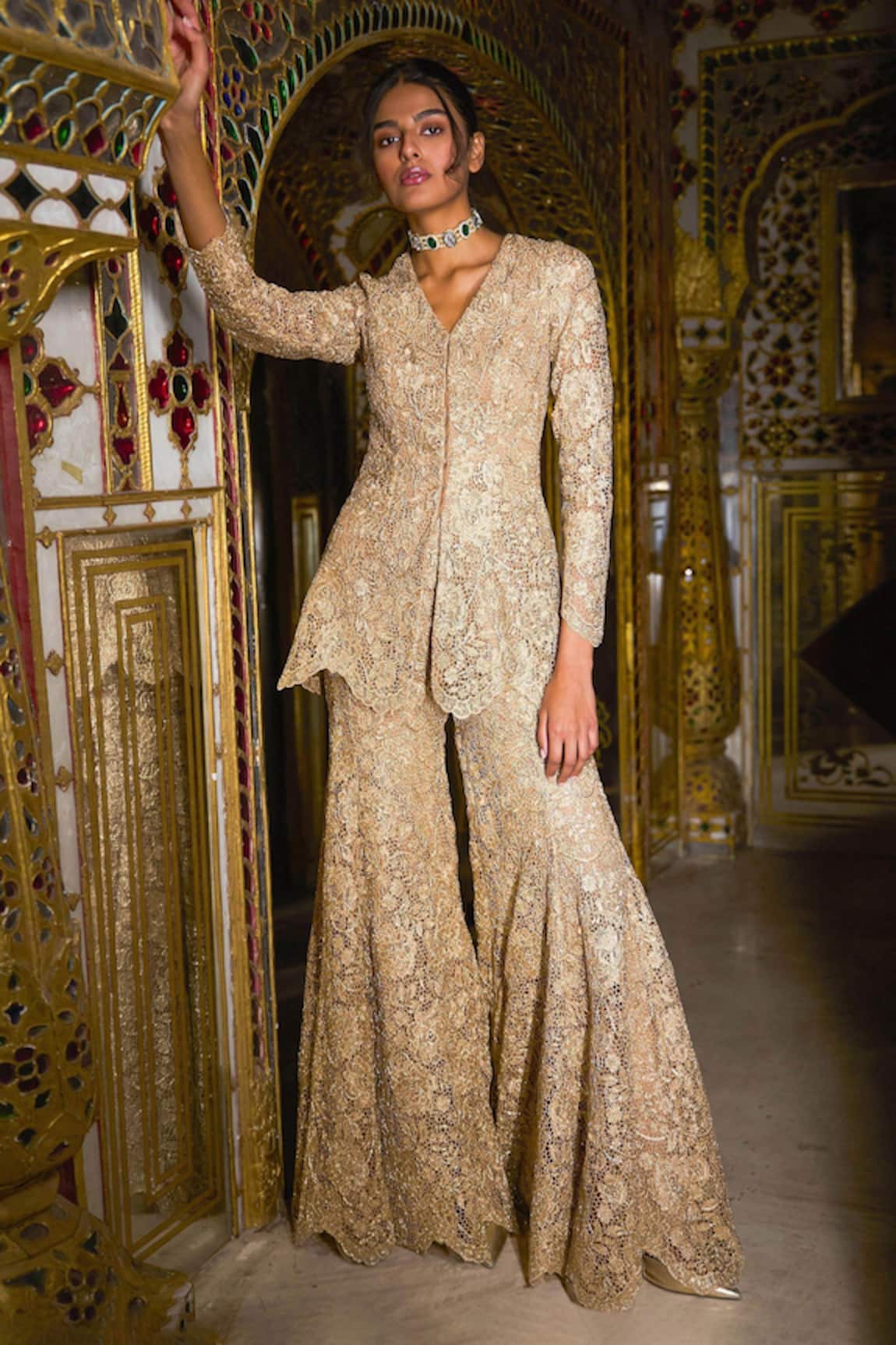 Dash And Dot Embroidered Lace Peplum Tunic & Sharara Set 