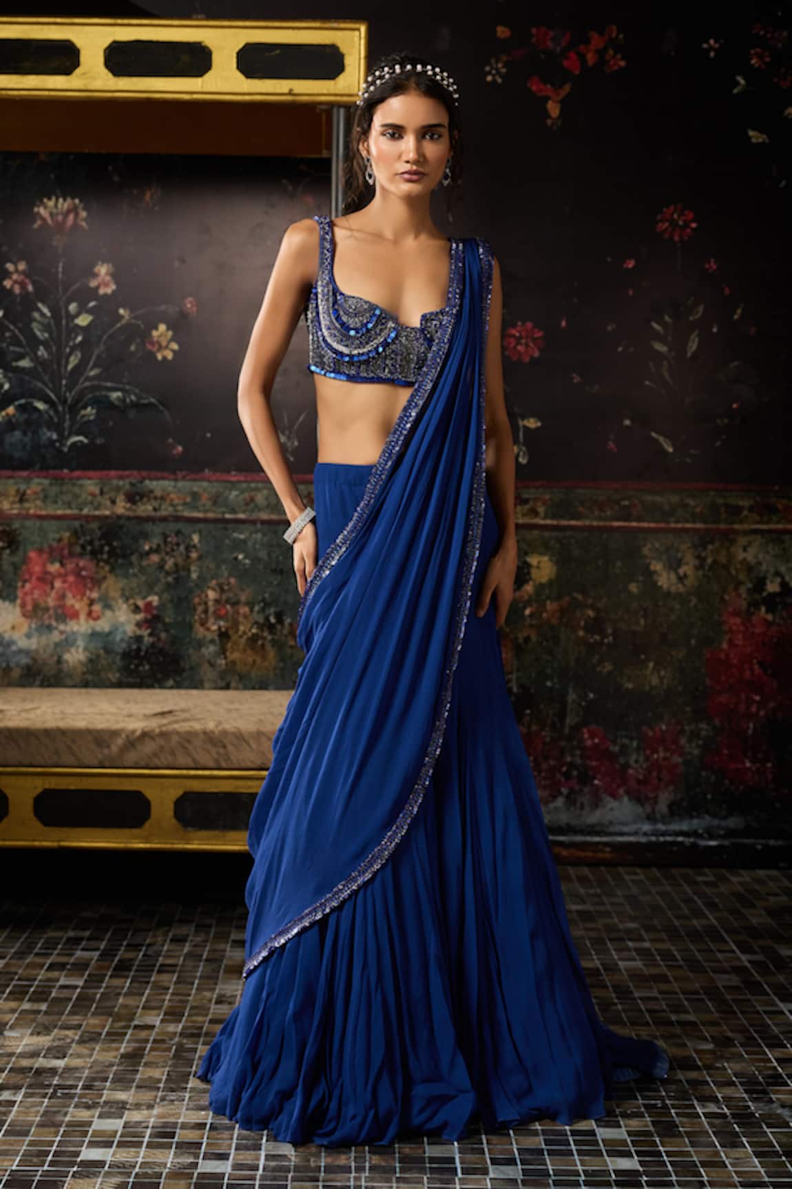 Diyarajvvir Pre-Draped Mermaid Saree & Embellished Blouse Set 