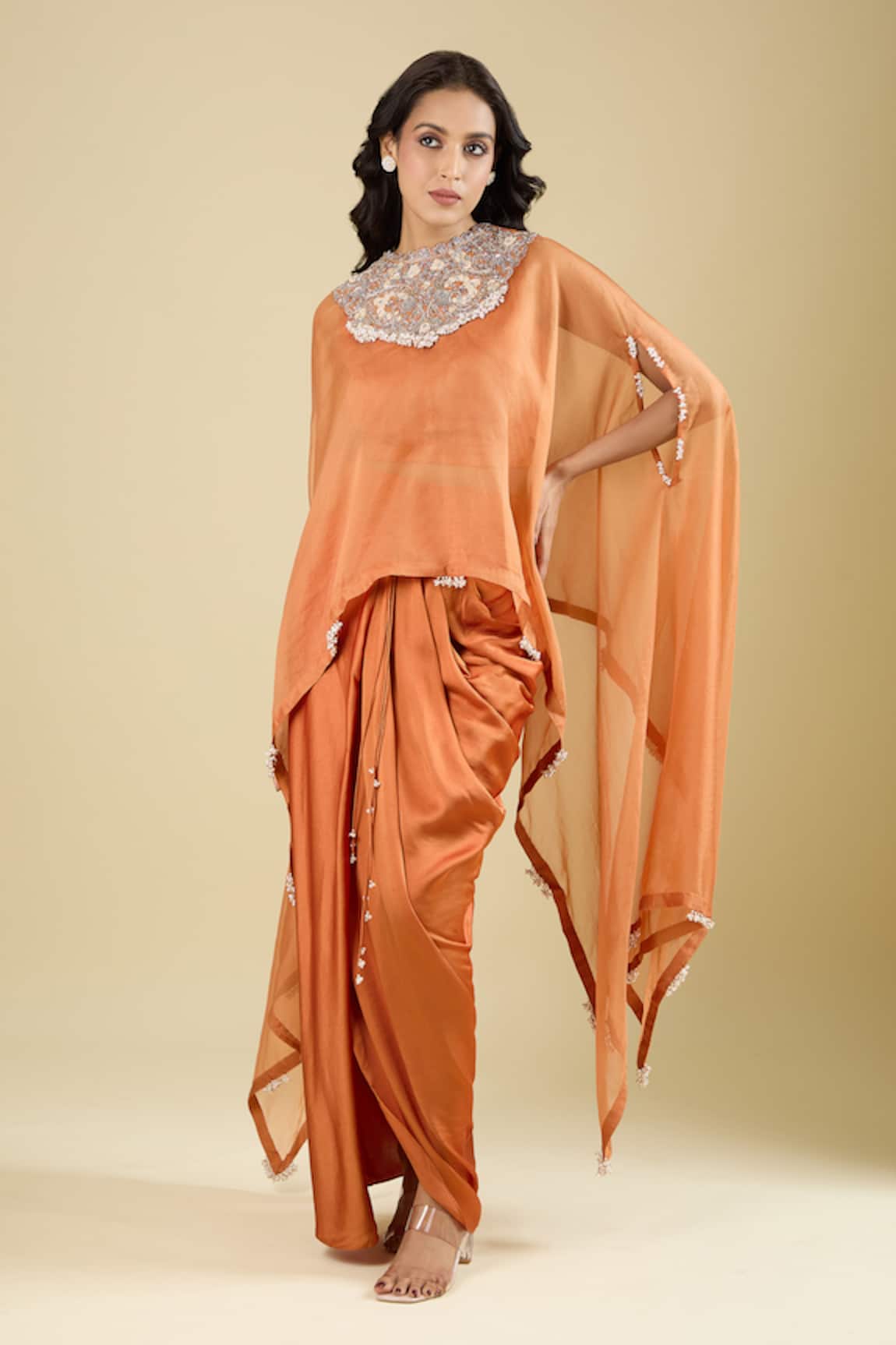Prisho Placement Embroidered Cape Draped Skirt Set 