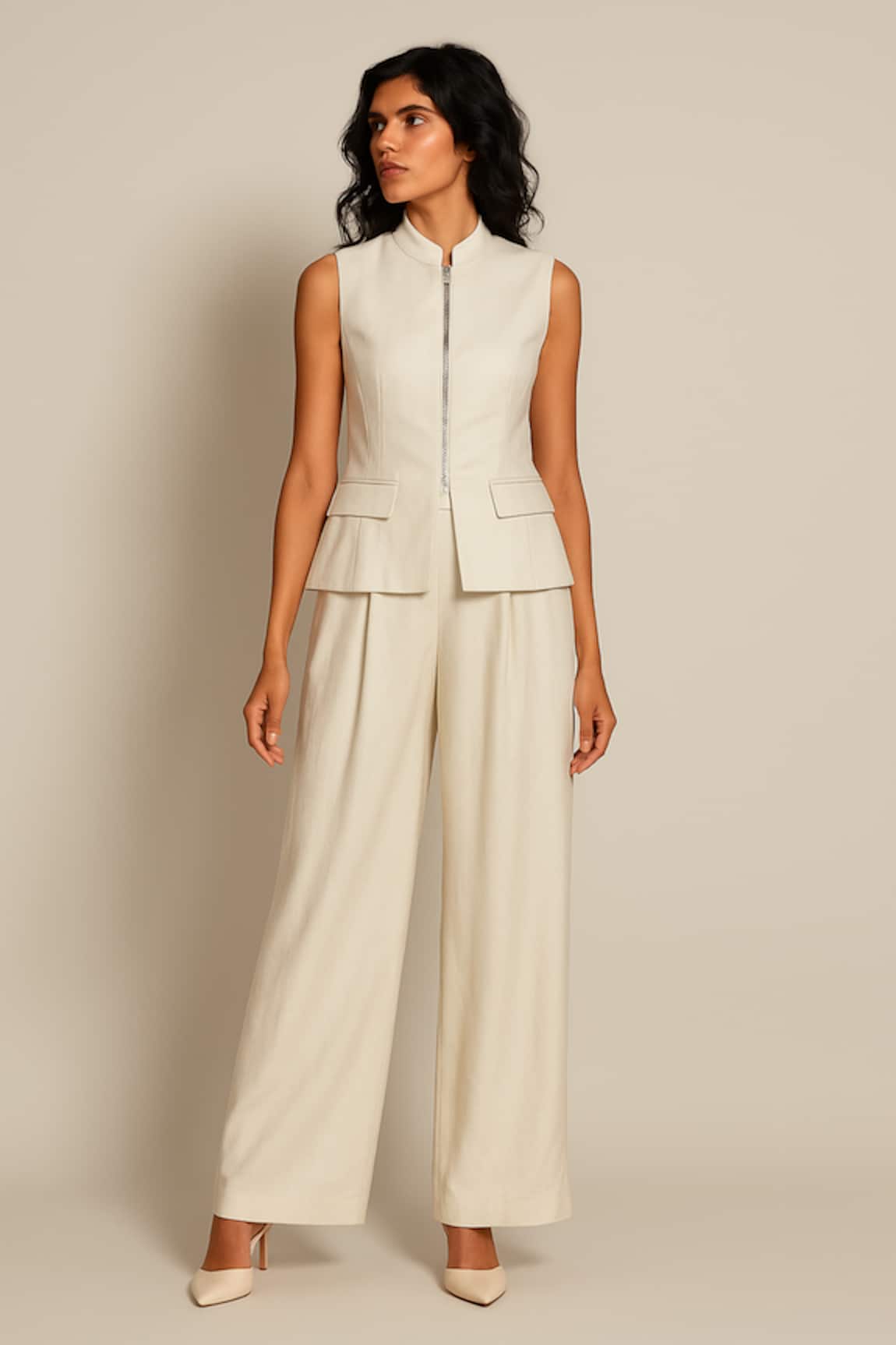 Ozel White Linen Satin Top & Pant Set 