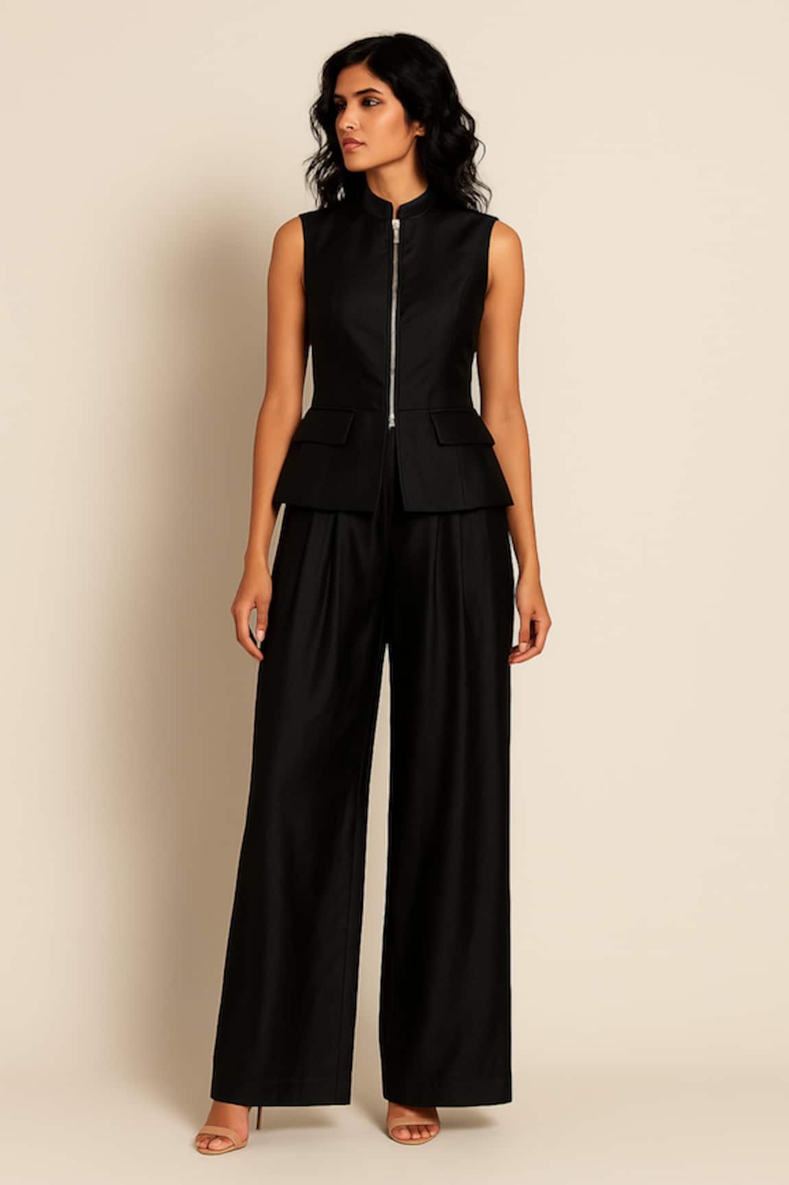 Ozel Black Linen Satin Top & Pant Set 