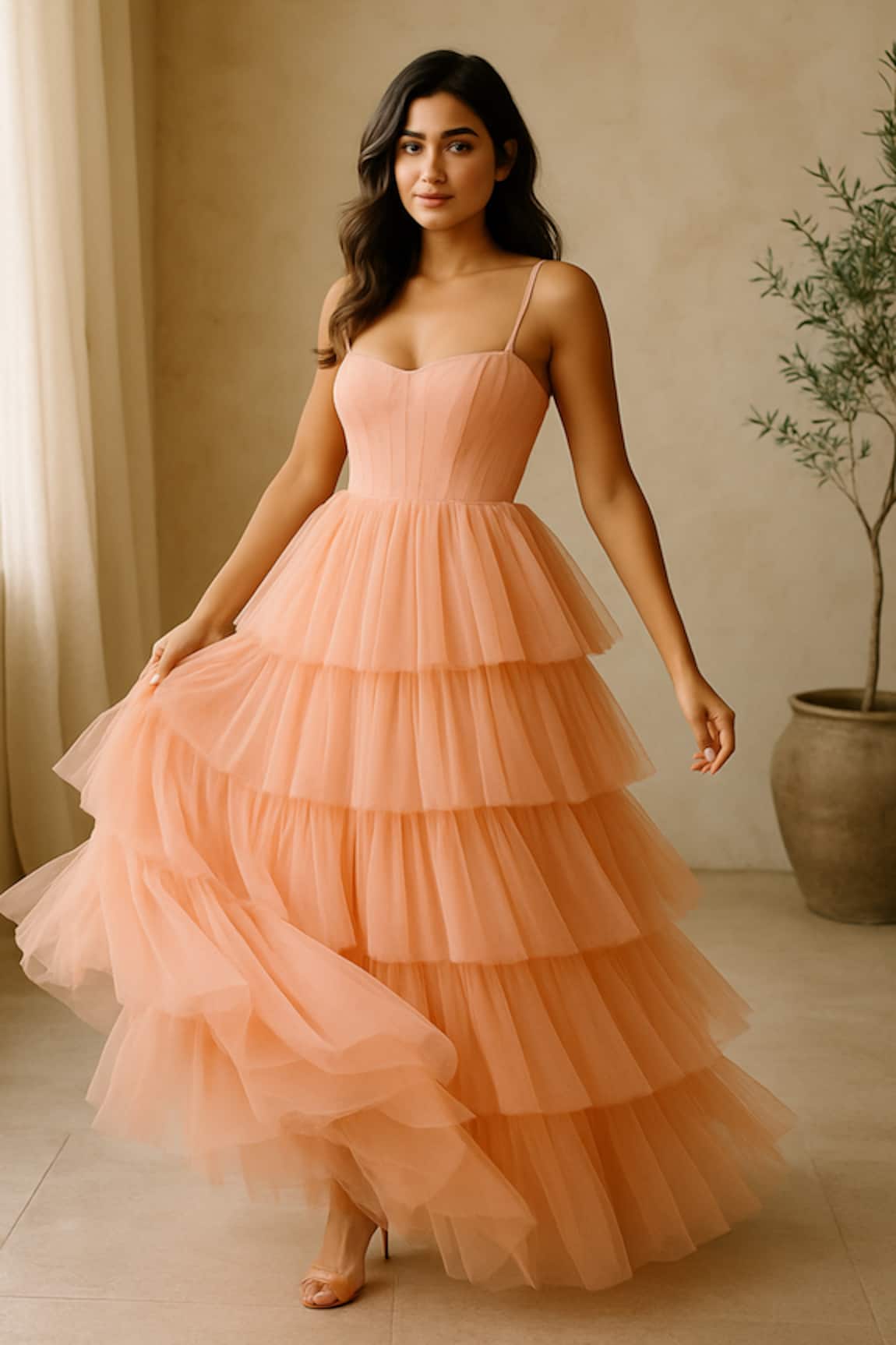 Ozel Peach Blush Tiered Tulle Gown 