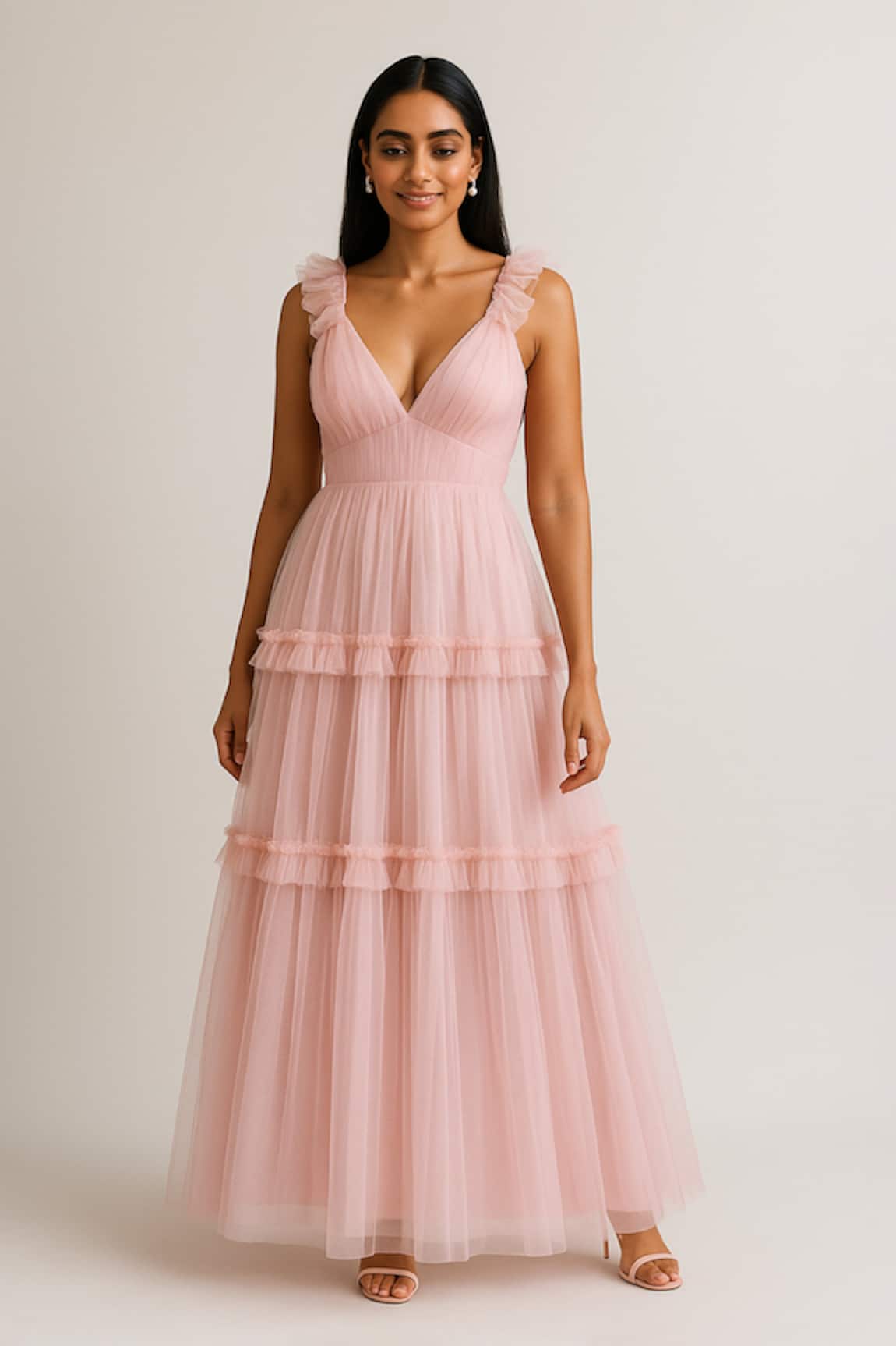Ozel Blush Pink Ruffled Tulle Gown 