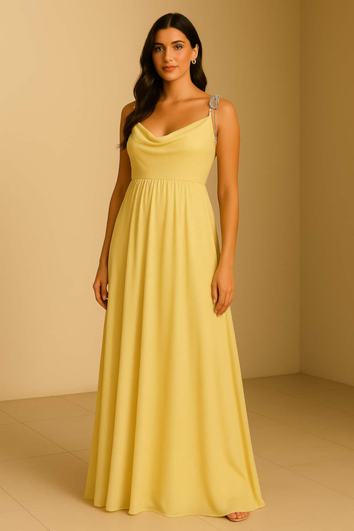 Ozel Butter Yellow Satin Shimmer Dress 