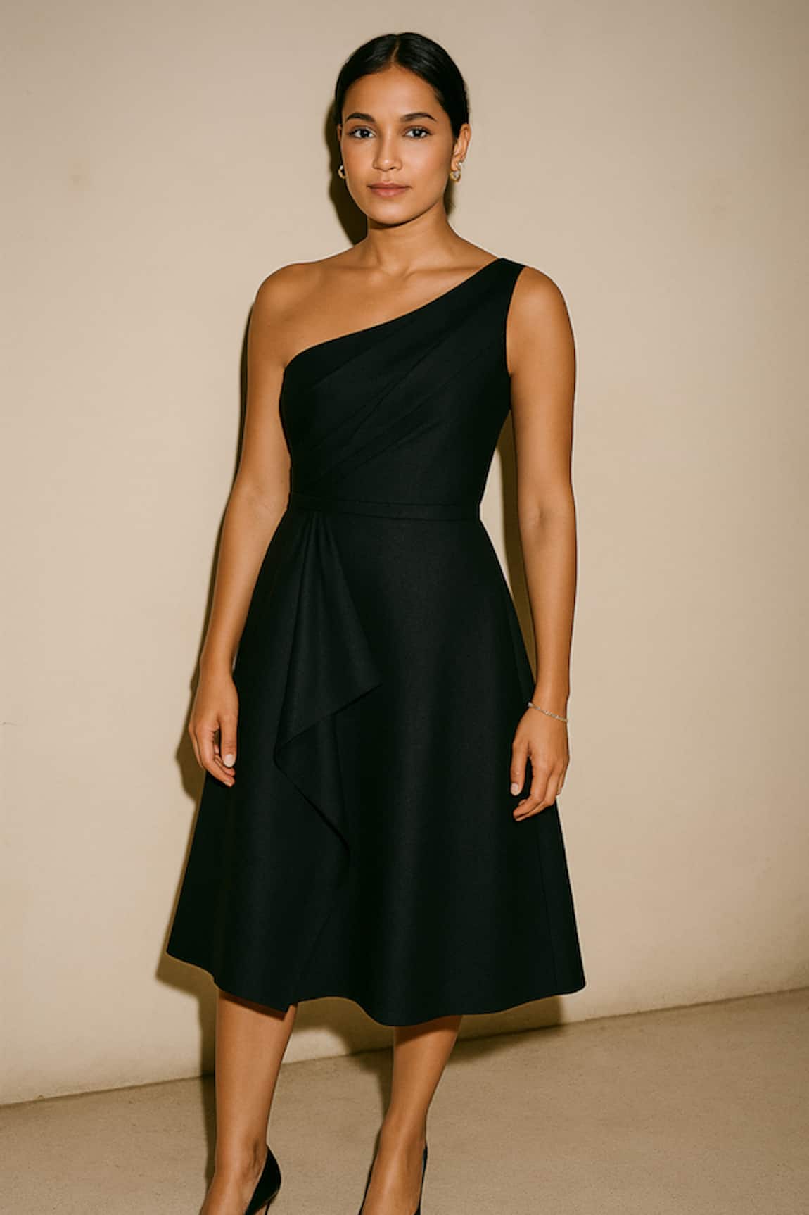Ozel One Shoulder Black Dress 