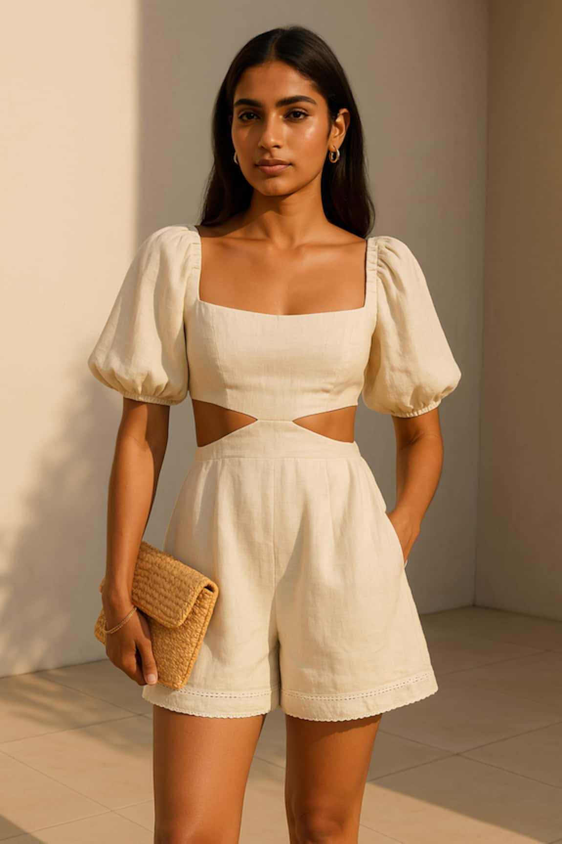 Ozel Ivory Cotton Linen Designer Jumpsuit 