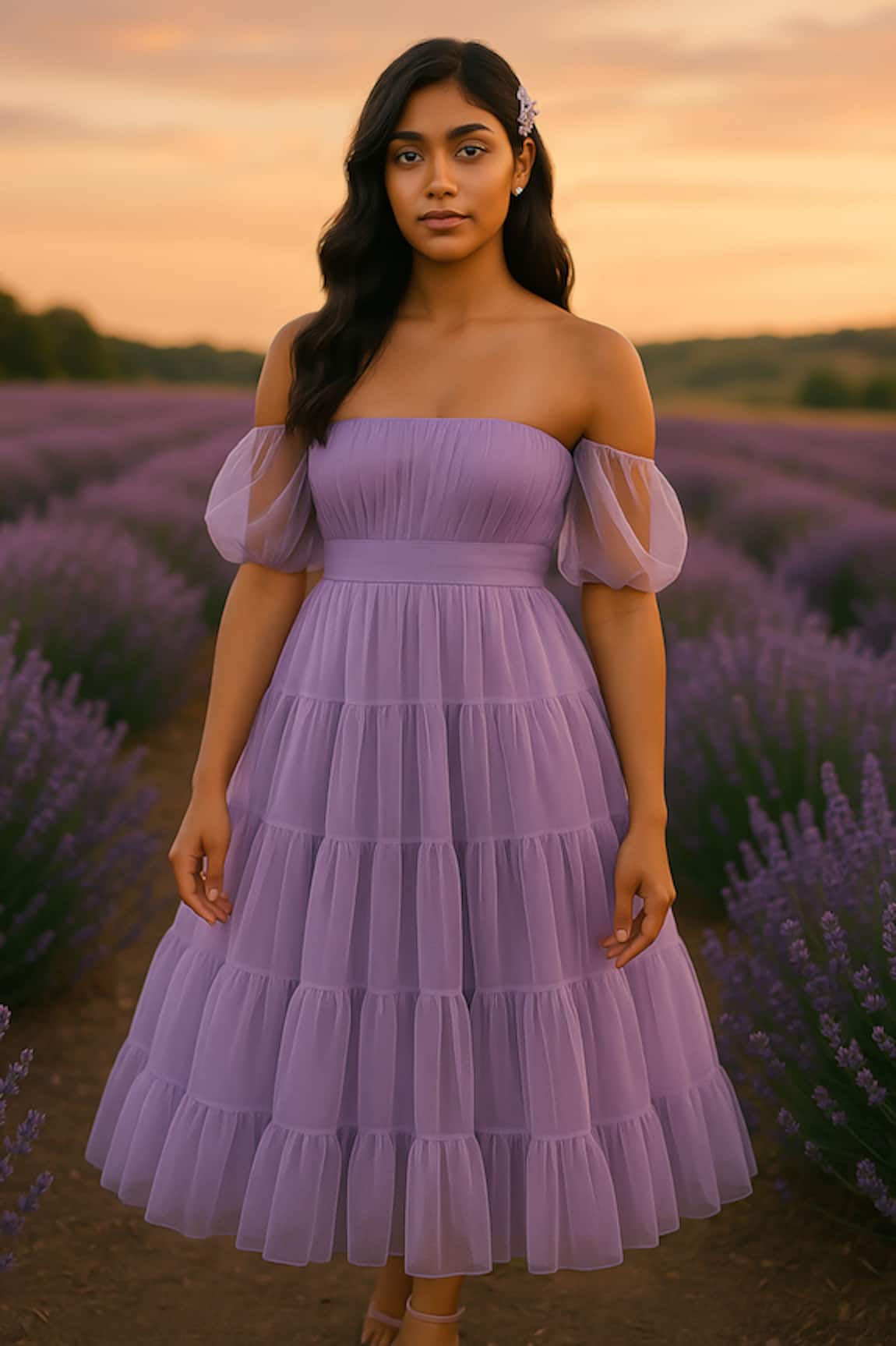 Ozel Lavender Soft Tulle Tiered Dress 