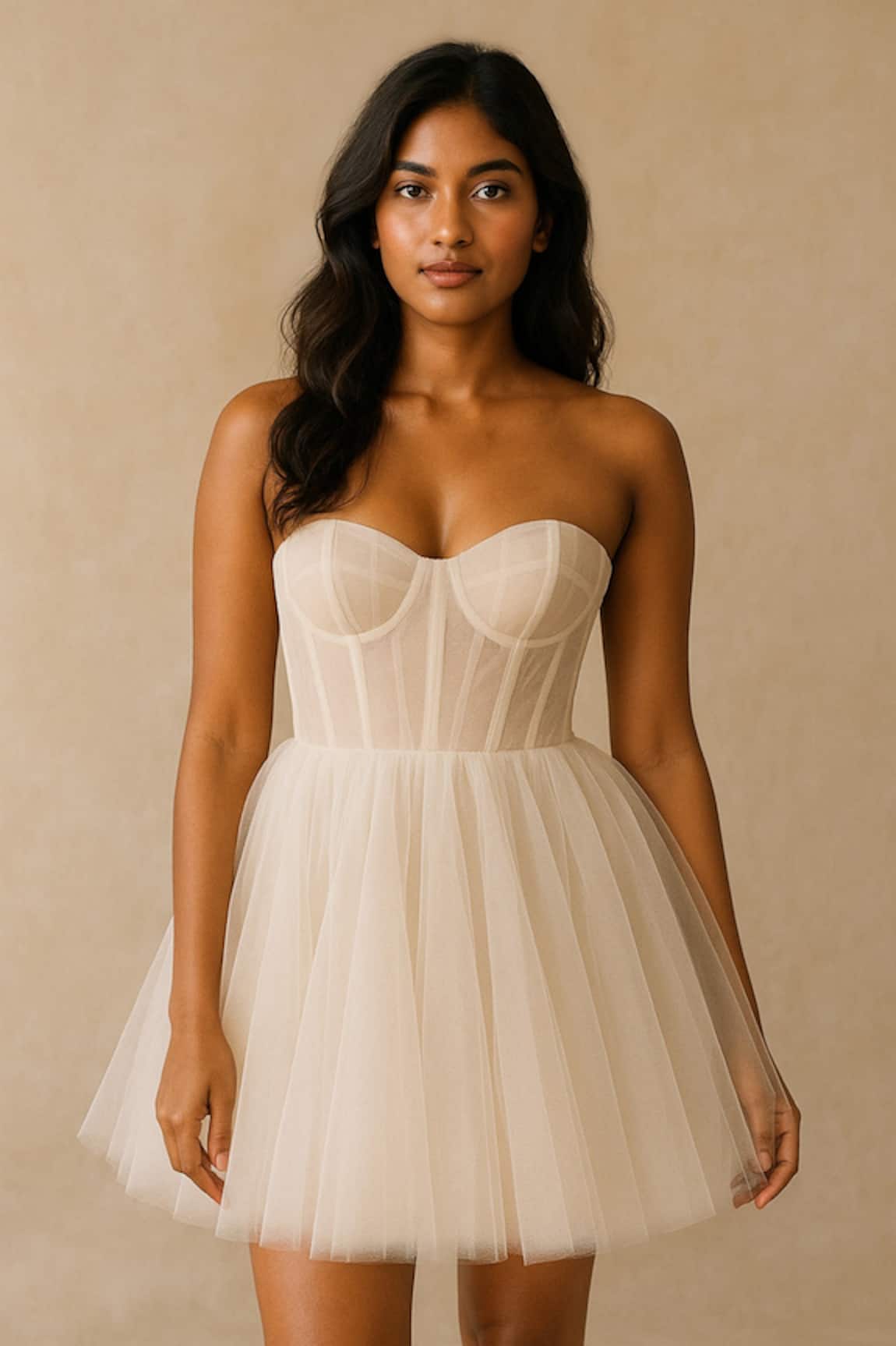 Ozel Ivory Tulle Strapless Dress 