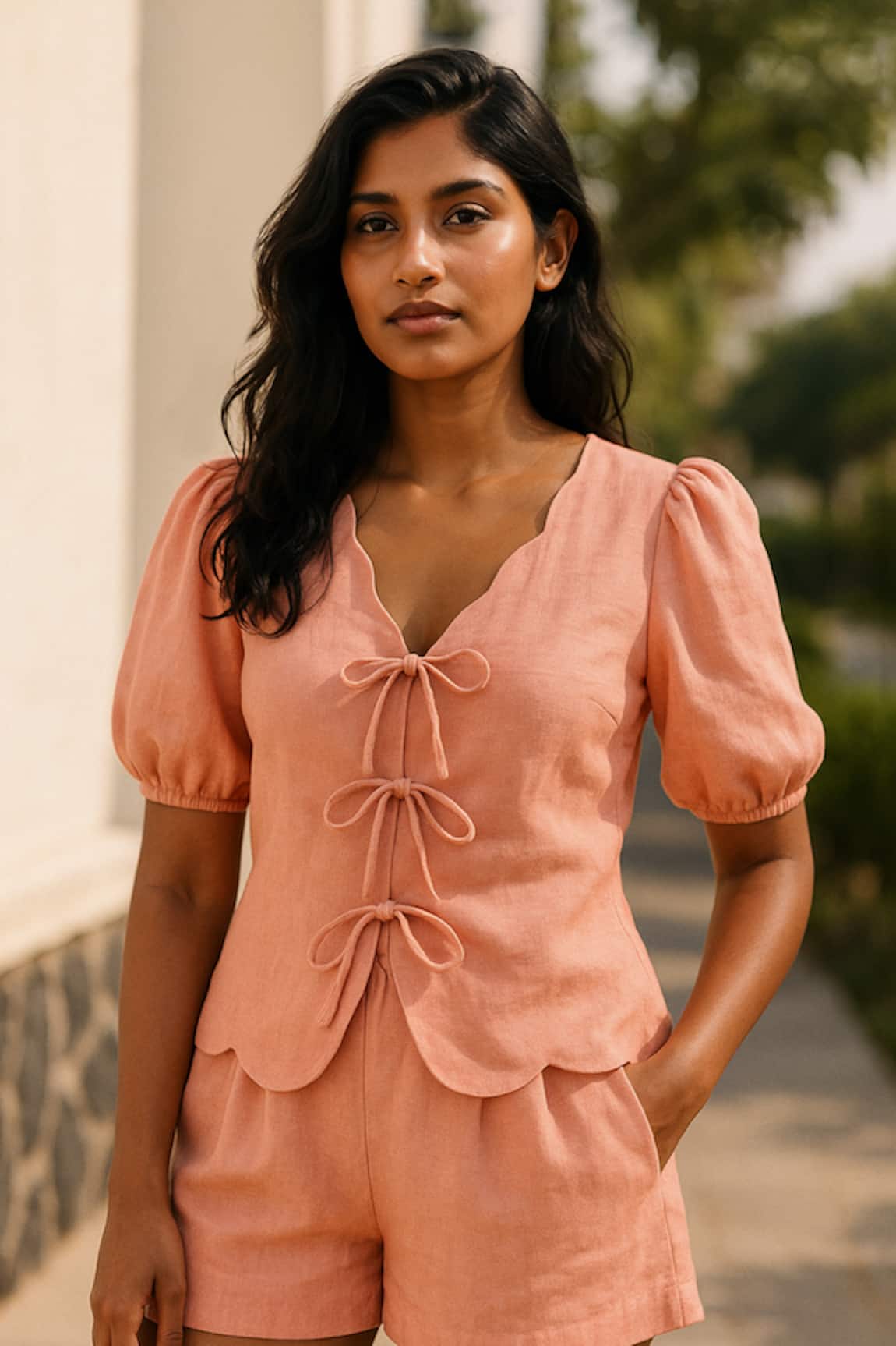 Ozel Peach Blush Puff Sleeve Top & Shorts Set 