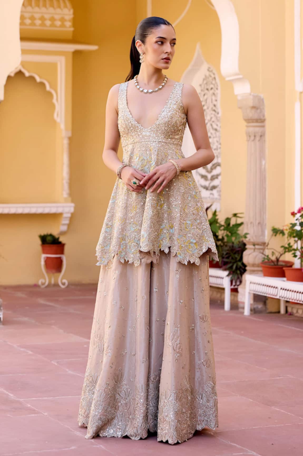 Osaa By Adarsh Zardozi Embroidered Peplum Top & Gharara Set 