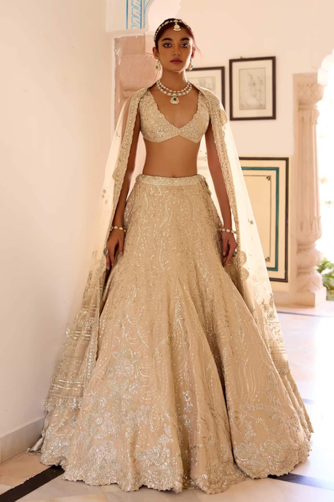 Osaa By Adarsh Frost Champagne Jaal Embroidered Lehenga Set 
