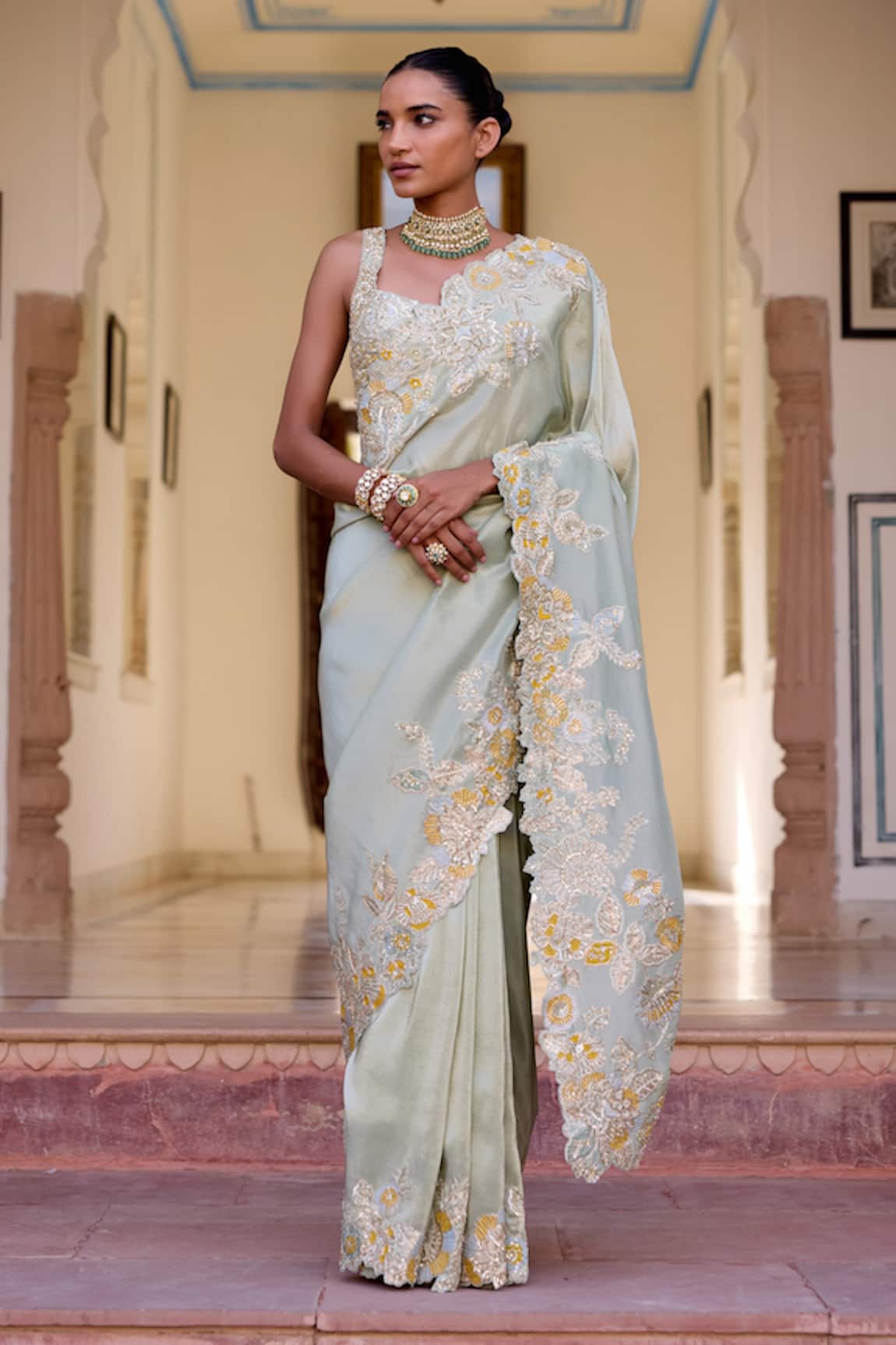 Osaa By Adarsh Sage Tissue Silk Saree With Blouse 