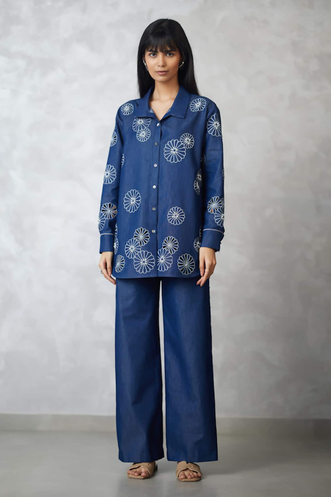 Nachiket Barve Cutwork Denim Shirt & Pant Set 
