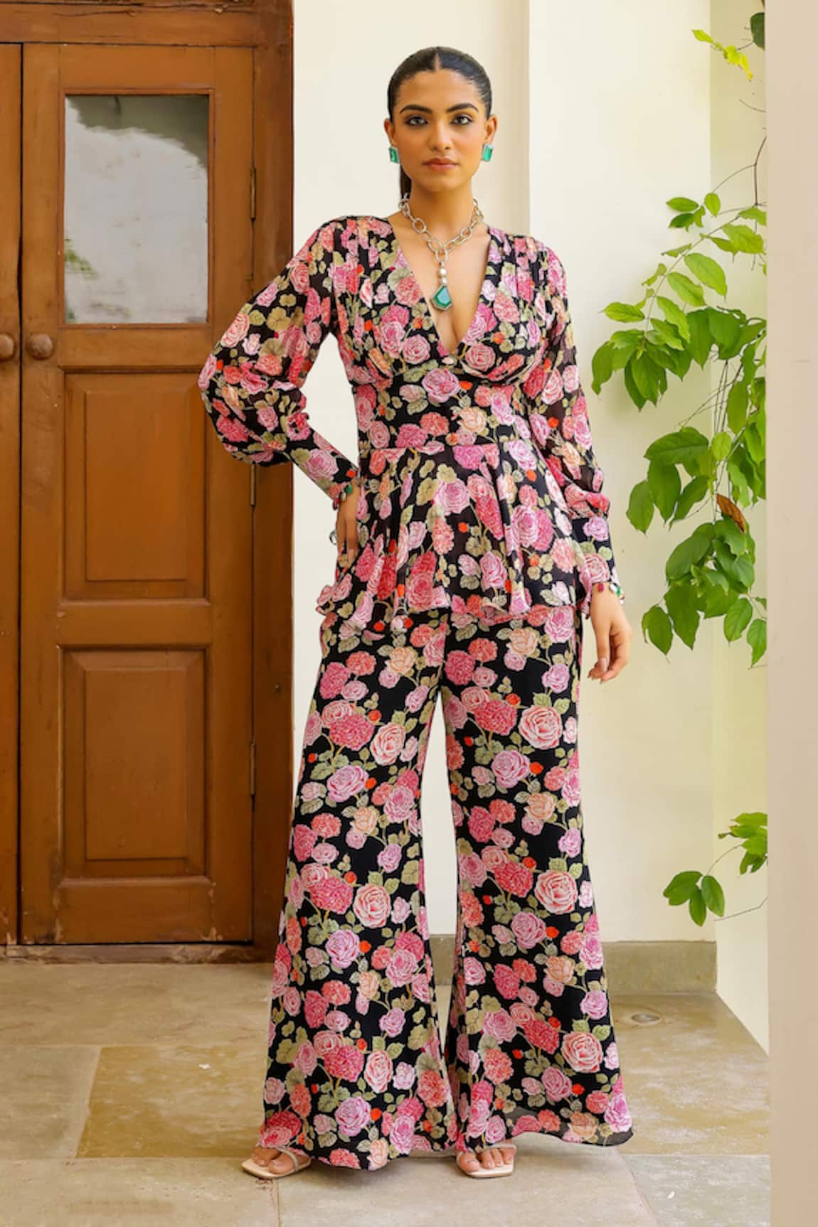 Sanam Black Rose Print Peplum Top & Pant Set 