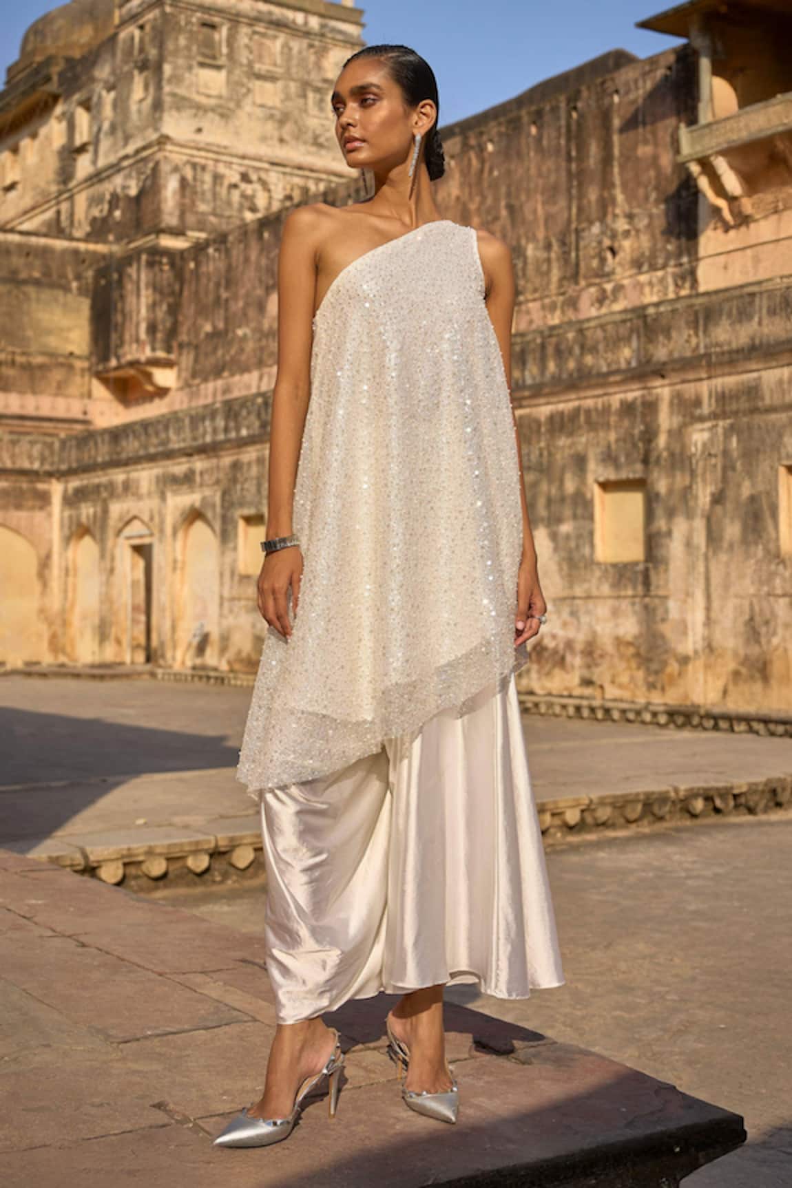 Dash And Dot Pearl Embroidered One Shoulder Top With Culottes 
