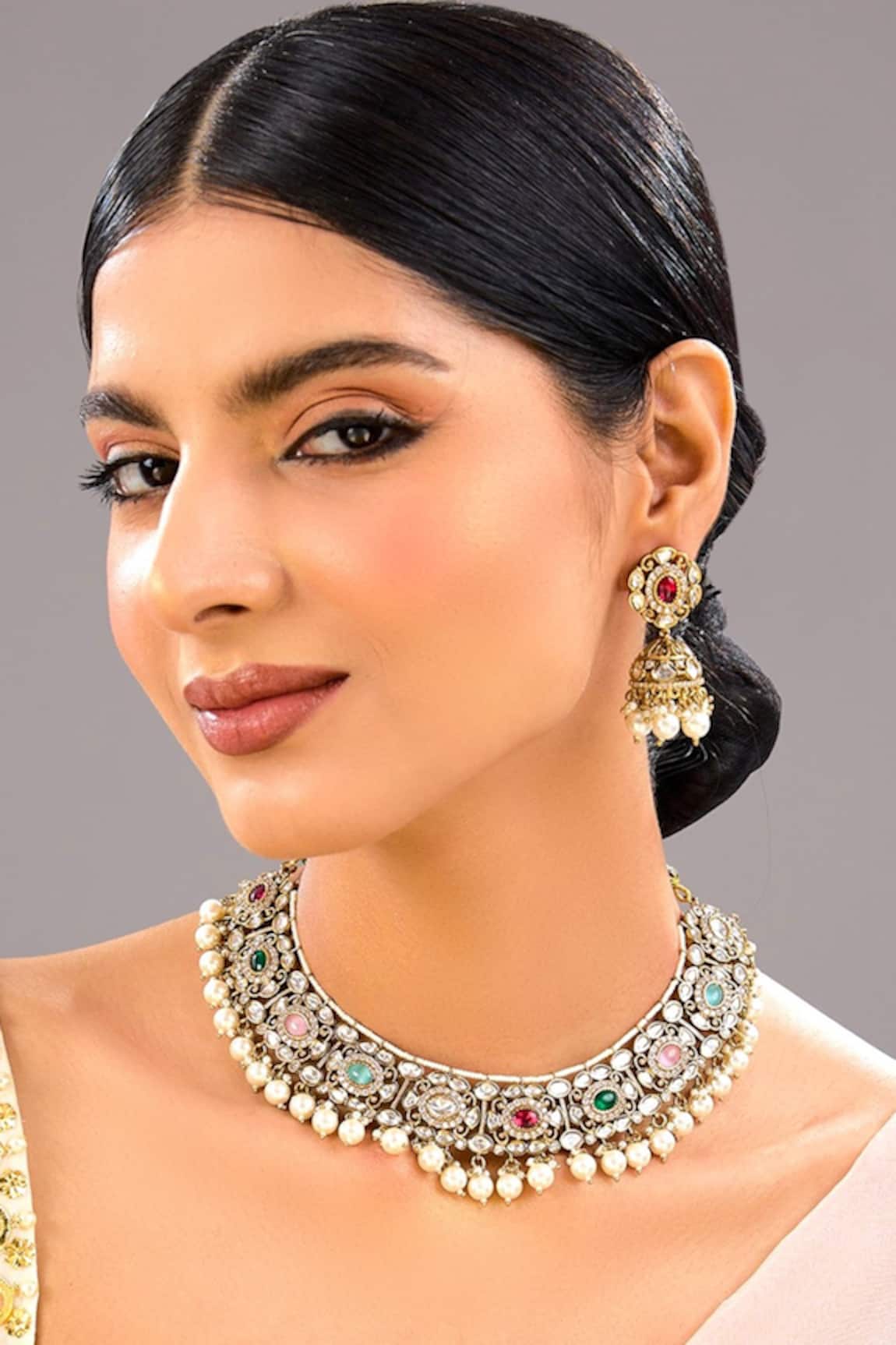 Auraa Trends Multicolor Kundan Pearl Choker Necklace Set 