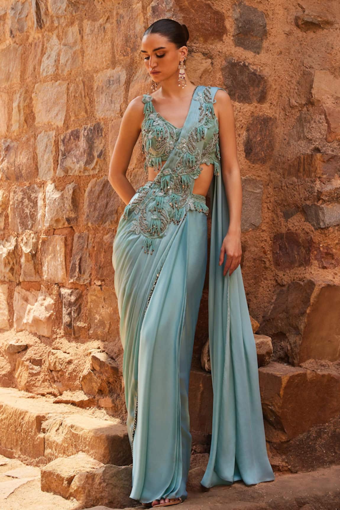 Awigna Silk Embroidered Pre-Draped Saree With Blouse 