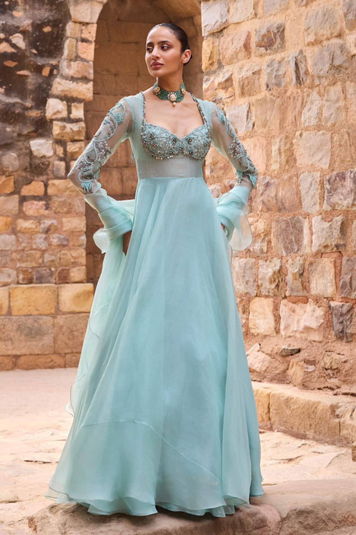 Awigna Bead Embroidered Anarkali With Dupatta 