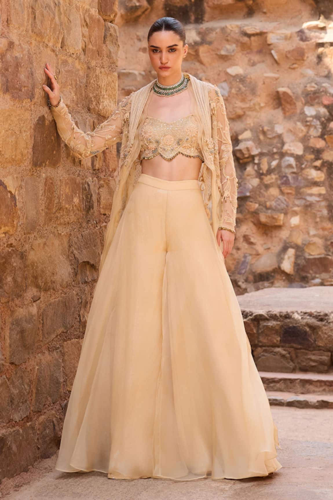 Awigna Embellished Long Jacket & Palazzo Set 