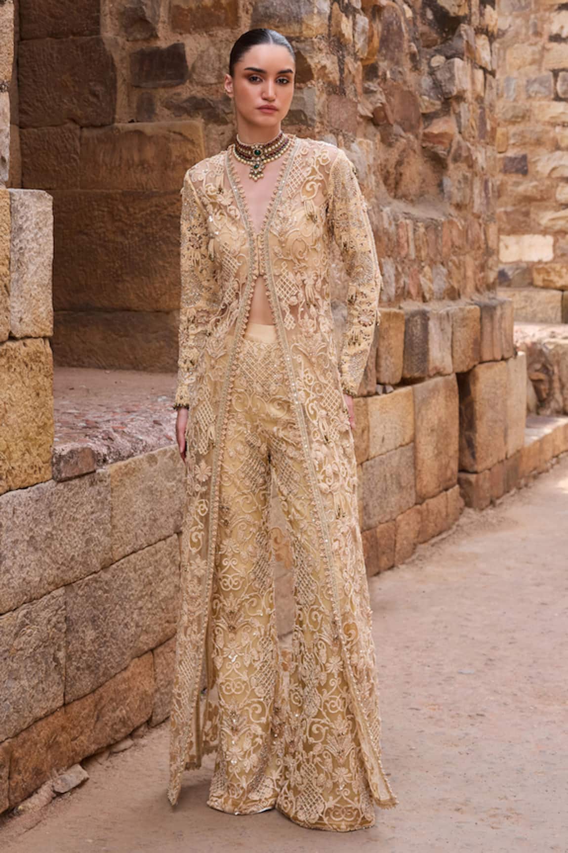 Awigna Champagne Embellished Long Jacket With Pant 
