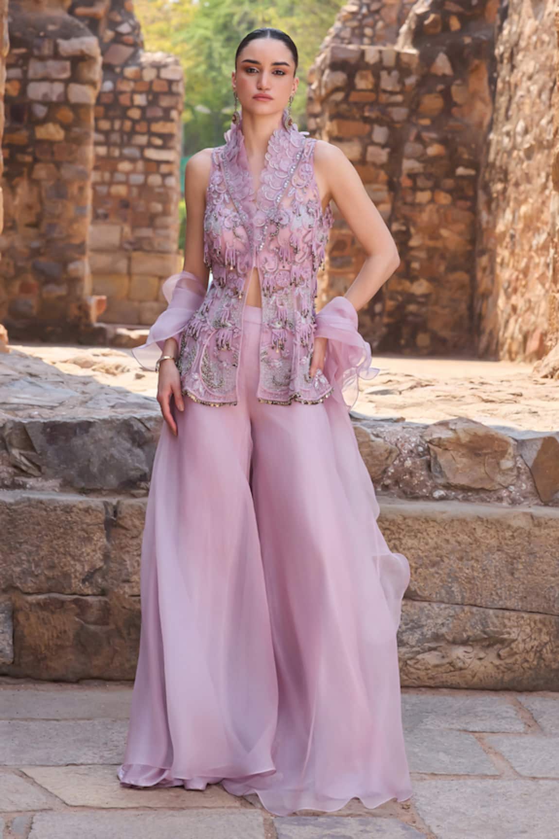 Awigna Lilac Embroidered Kurta Sharara Set 