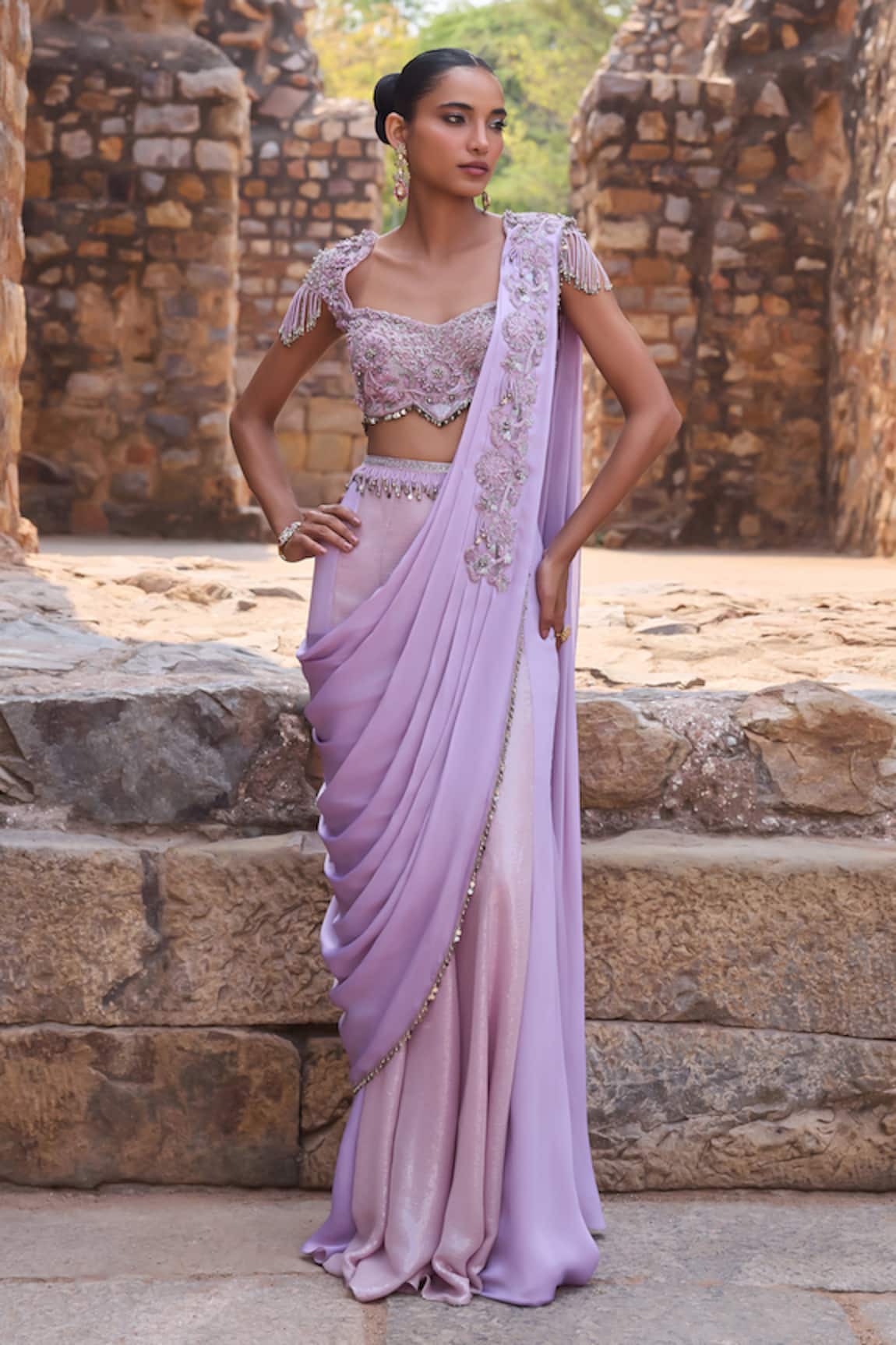 Awigna Embroidered Pre-Draped Saree With Blouse 