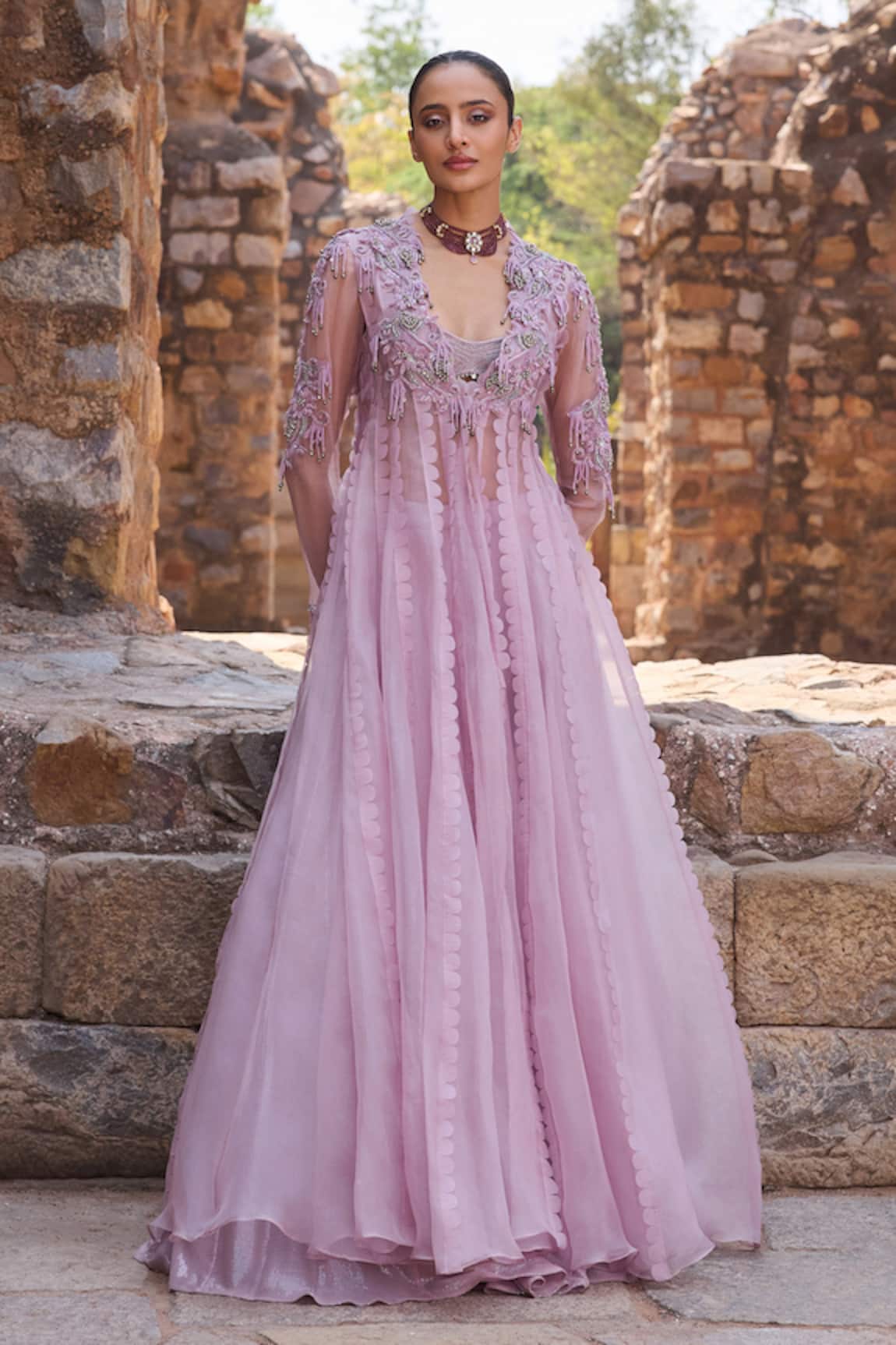 Awigna Lilac Long Jacket With Skirt Set 