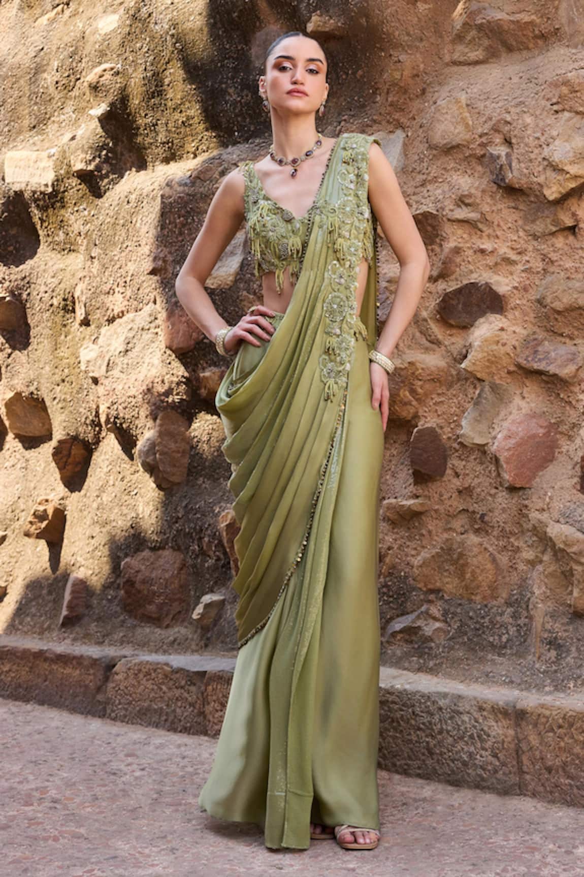 Awigna Sage Green Pre-Draped Saree & Embroidered Blouse Set 