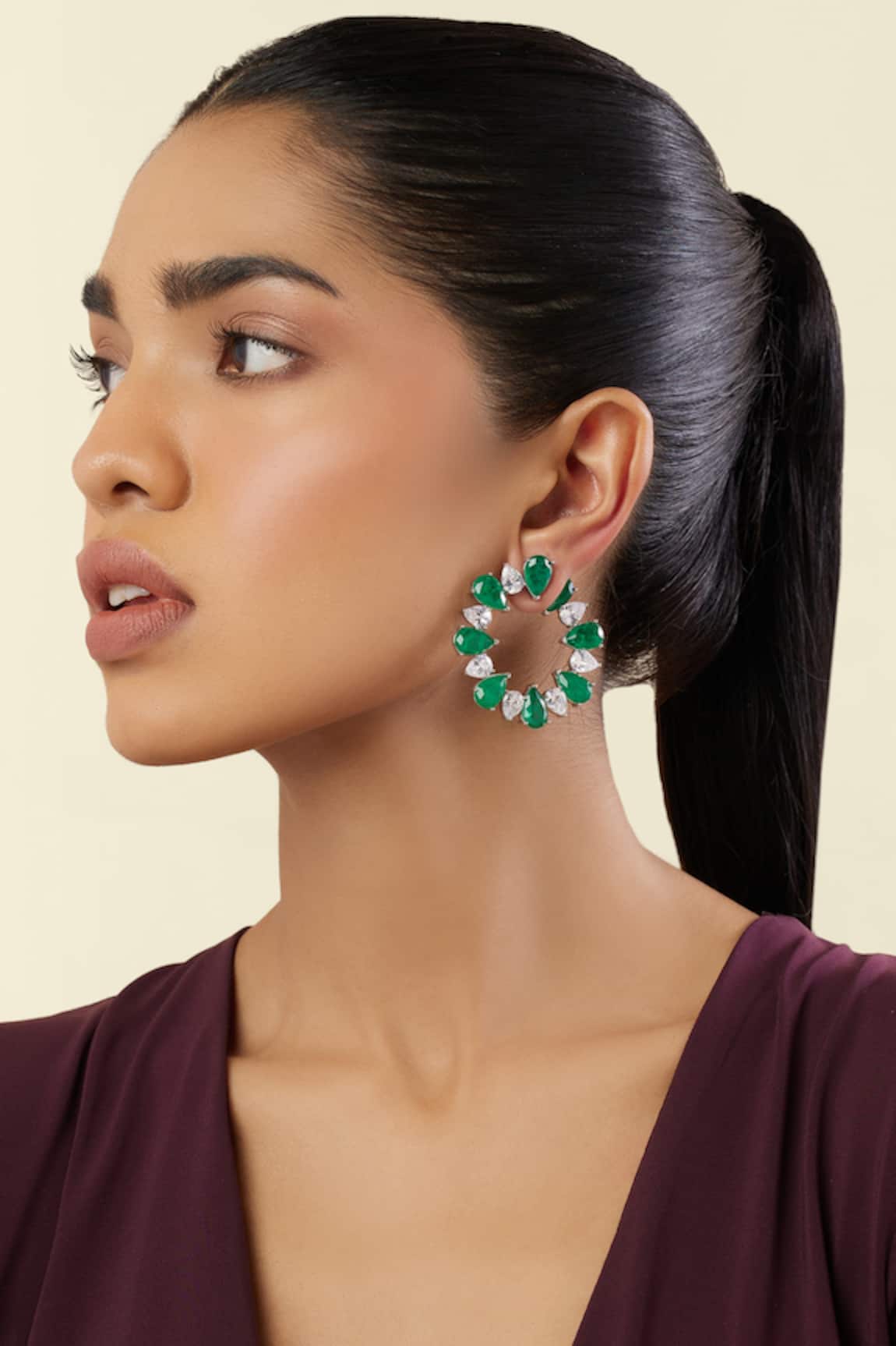Isharya Emerald Glow Rhodium Plated Circle Hoops 