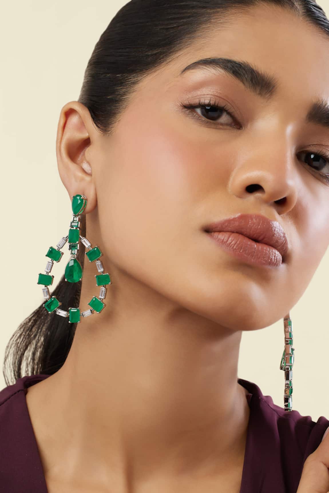 Isharya Emerald Luxe Rhodium Plated Dangler Earrings 