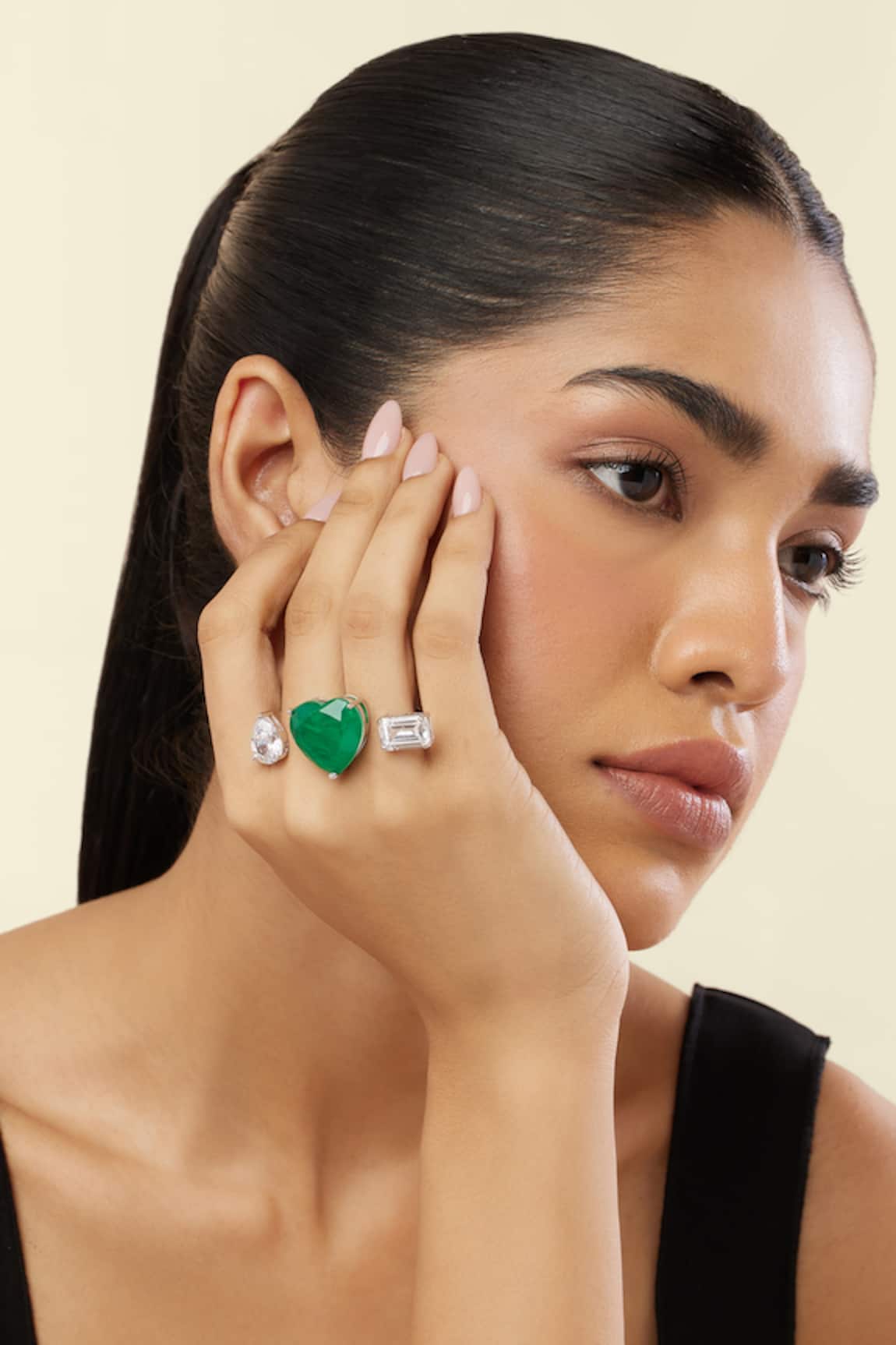 Isharya Dual Heart Emerald Rhodium Plated Ring 