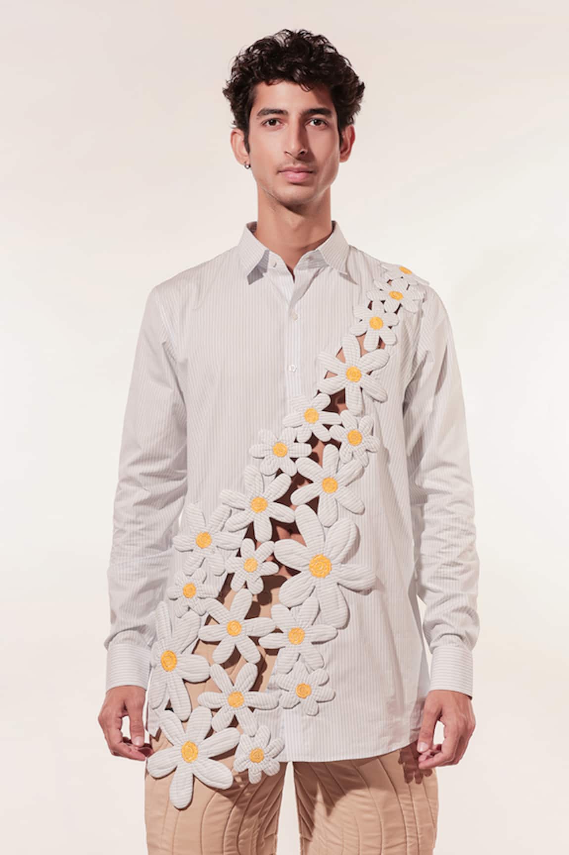 Jubinav Chadha 3D Flower Stripe Embroidered Shirt 